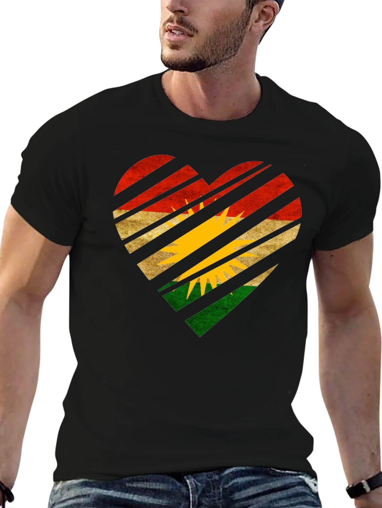 Kurdistan Flag Heart Graphic Black T-Shirt