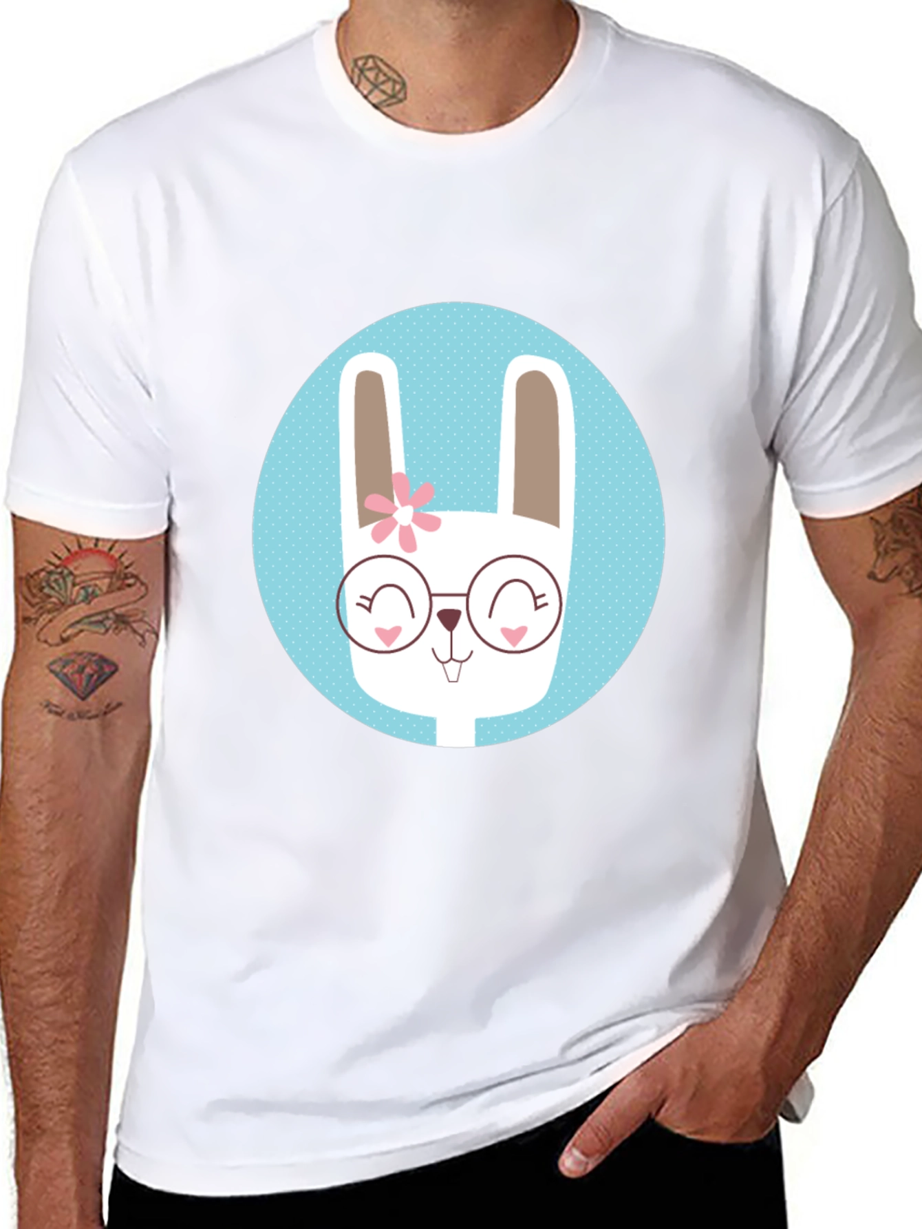 Cute Bunny T-Shirt - Round Glasses & Flower