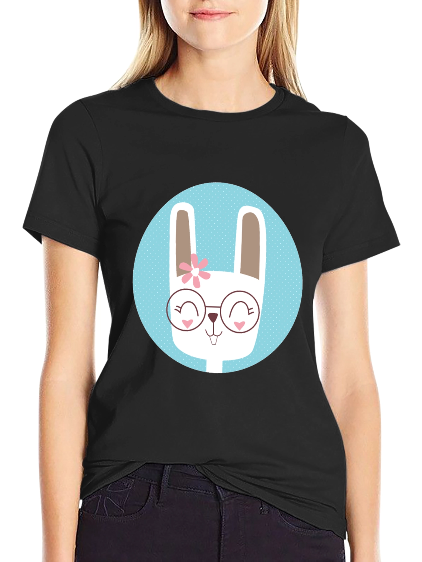 Cute Bunny T-Shirt - Round Glasses & Flower
