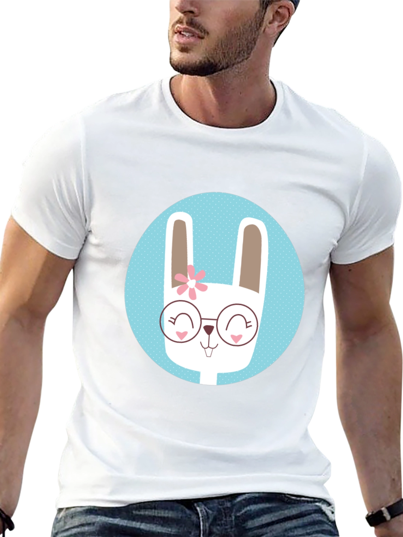 Cute Bunny T-Shirt - Round Glasses & Flower