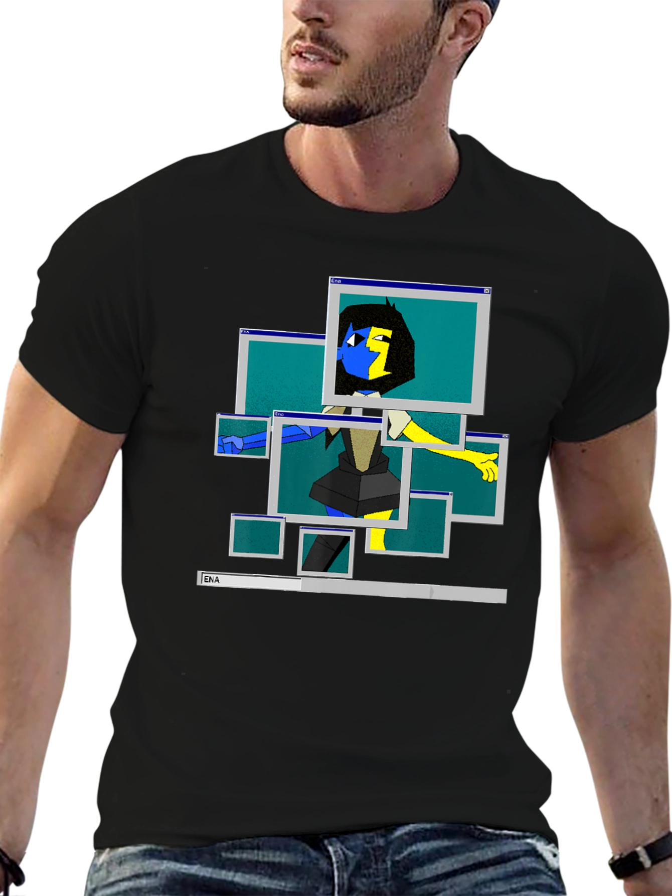 ENA Windows Graphic T-Shirt Mens Black Cotton Tee