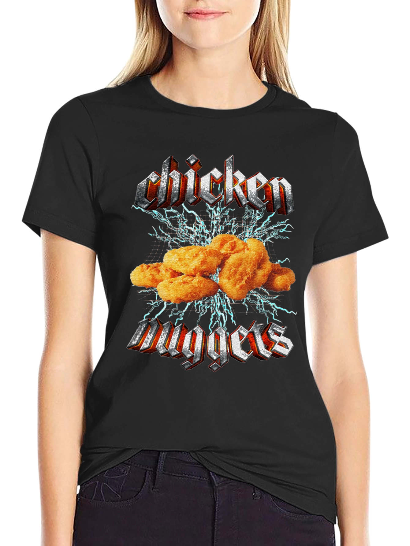 Chicken Nuggets Heavy Metal Style Black T-Shirt