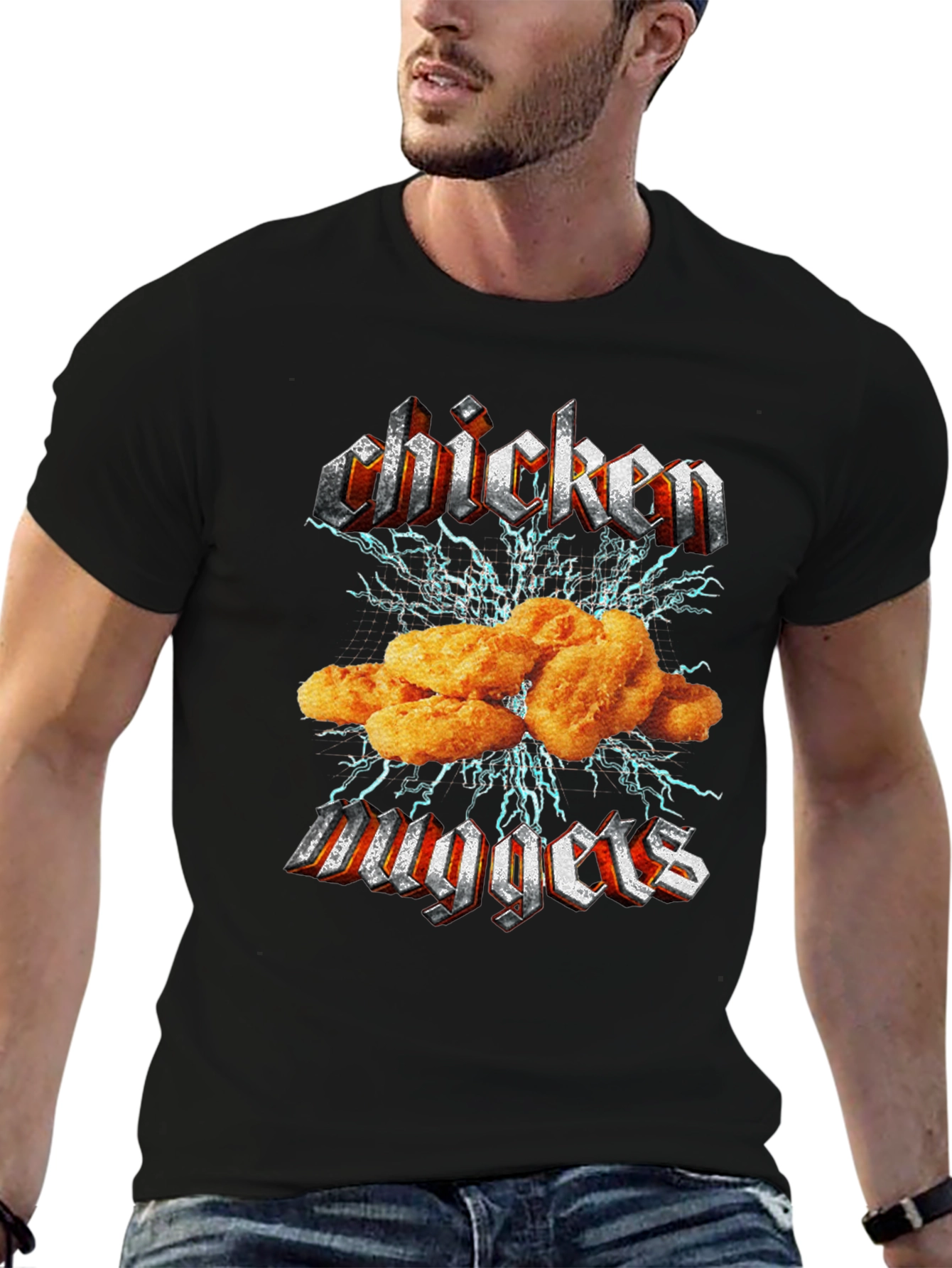 Chicken Nuggets Heavy Metal Style Black T-Shirt