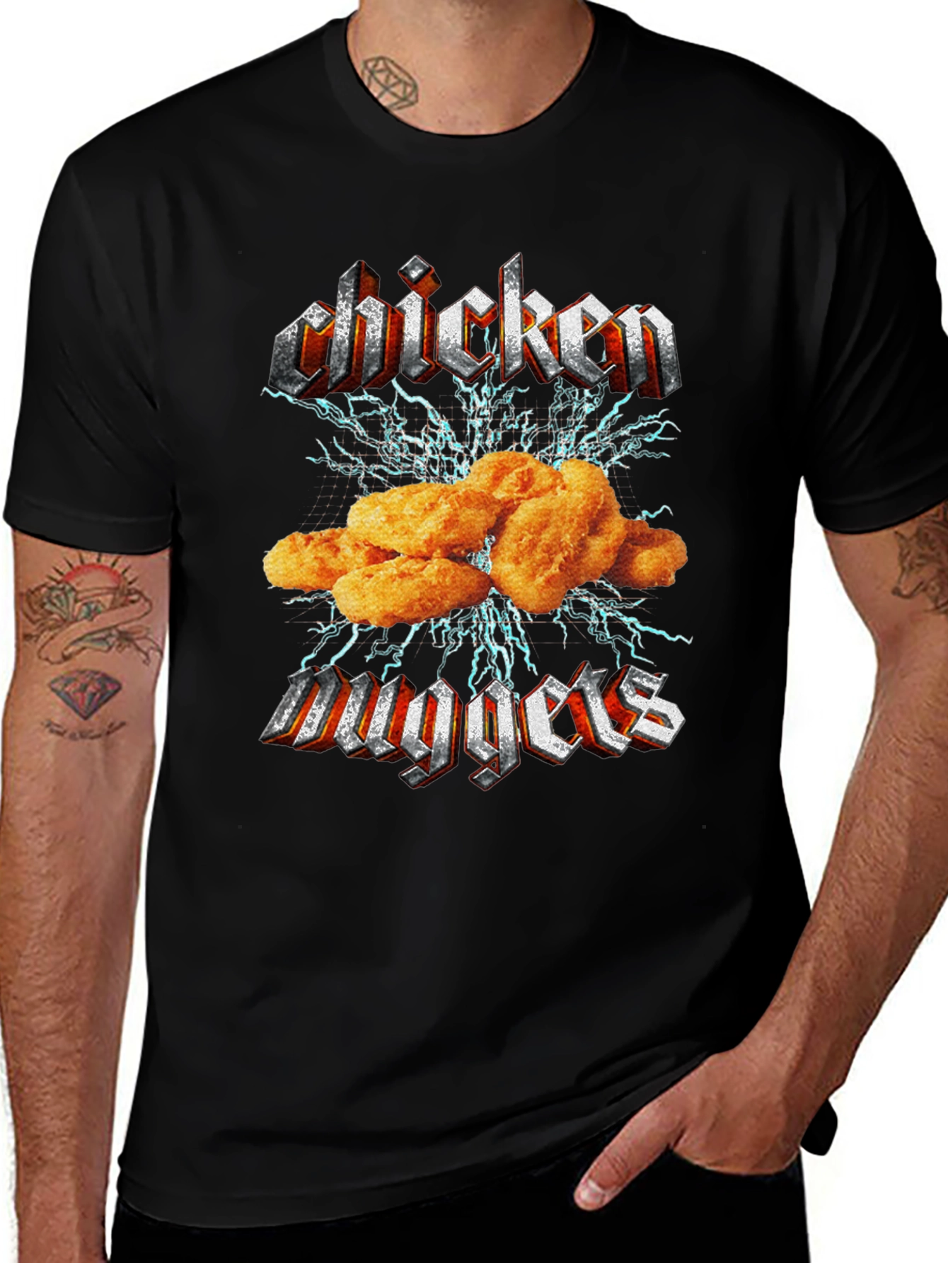Chicken Nuggets Heavy Metal Style Black T-Shirt