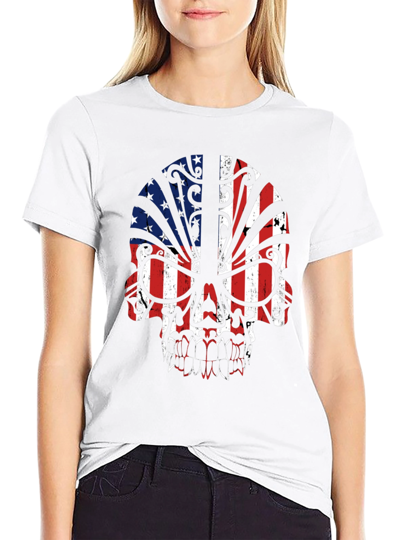 American Flag Skull Graphic Tee - Patriotic Style