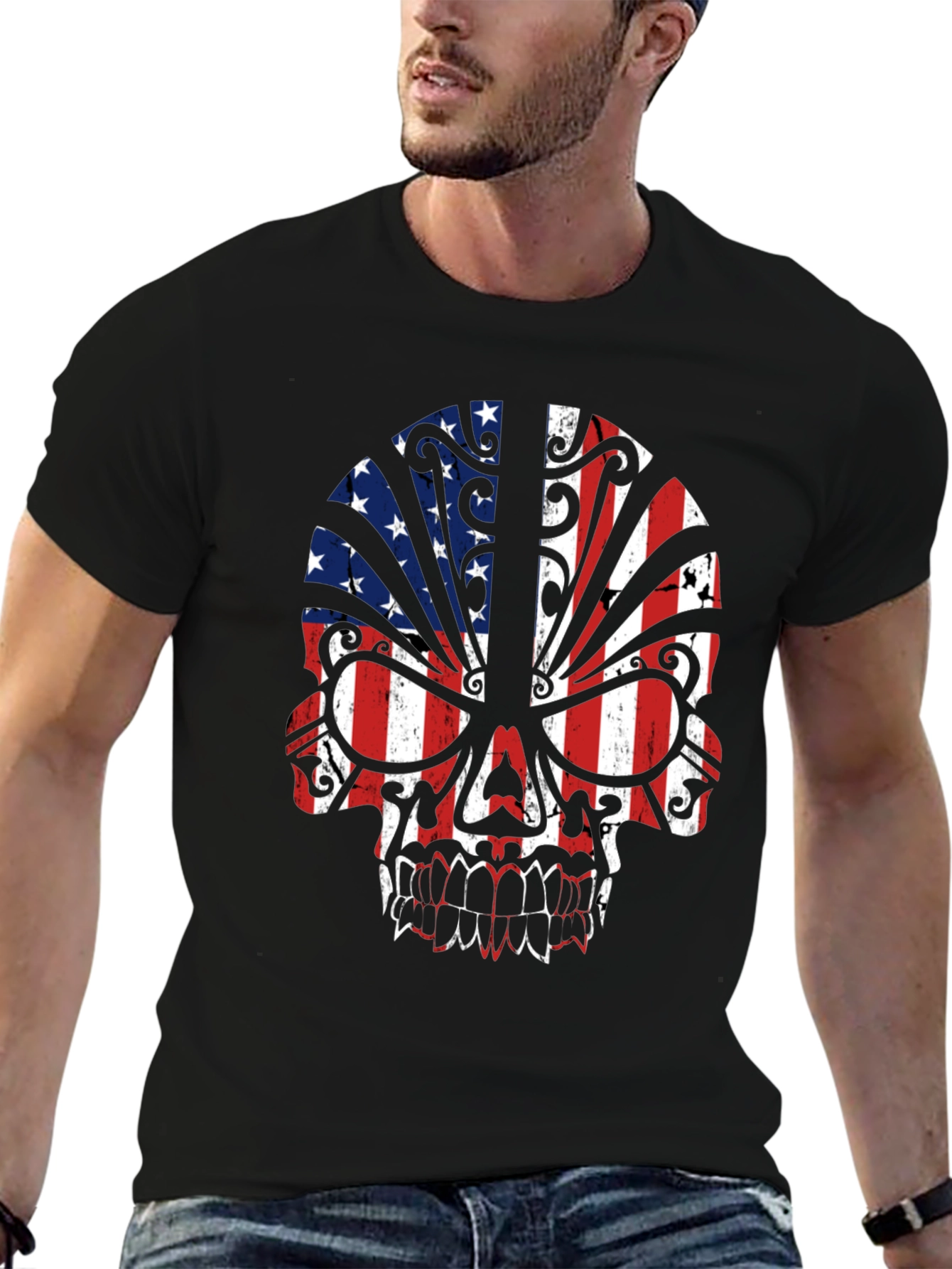 American Flag Skull Graphic Tee - Patriotic Style