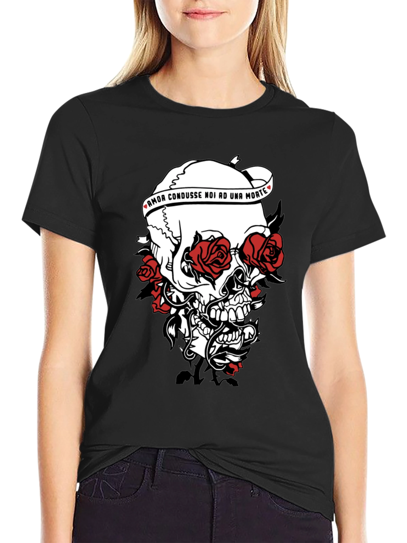 Skull & Roses Graphic Print Black T-Shirt
