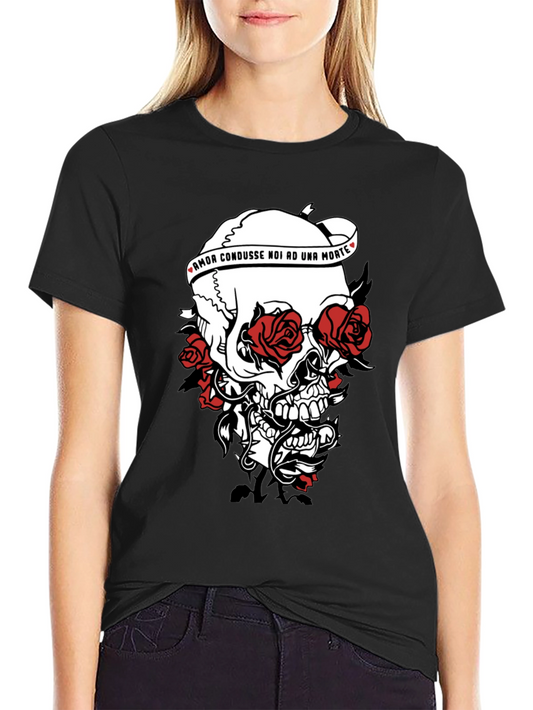 Skull & Roses Graphic Print Black T-Shirt
