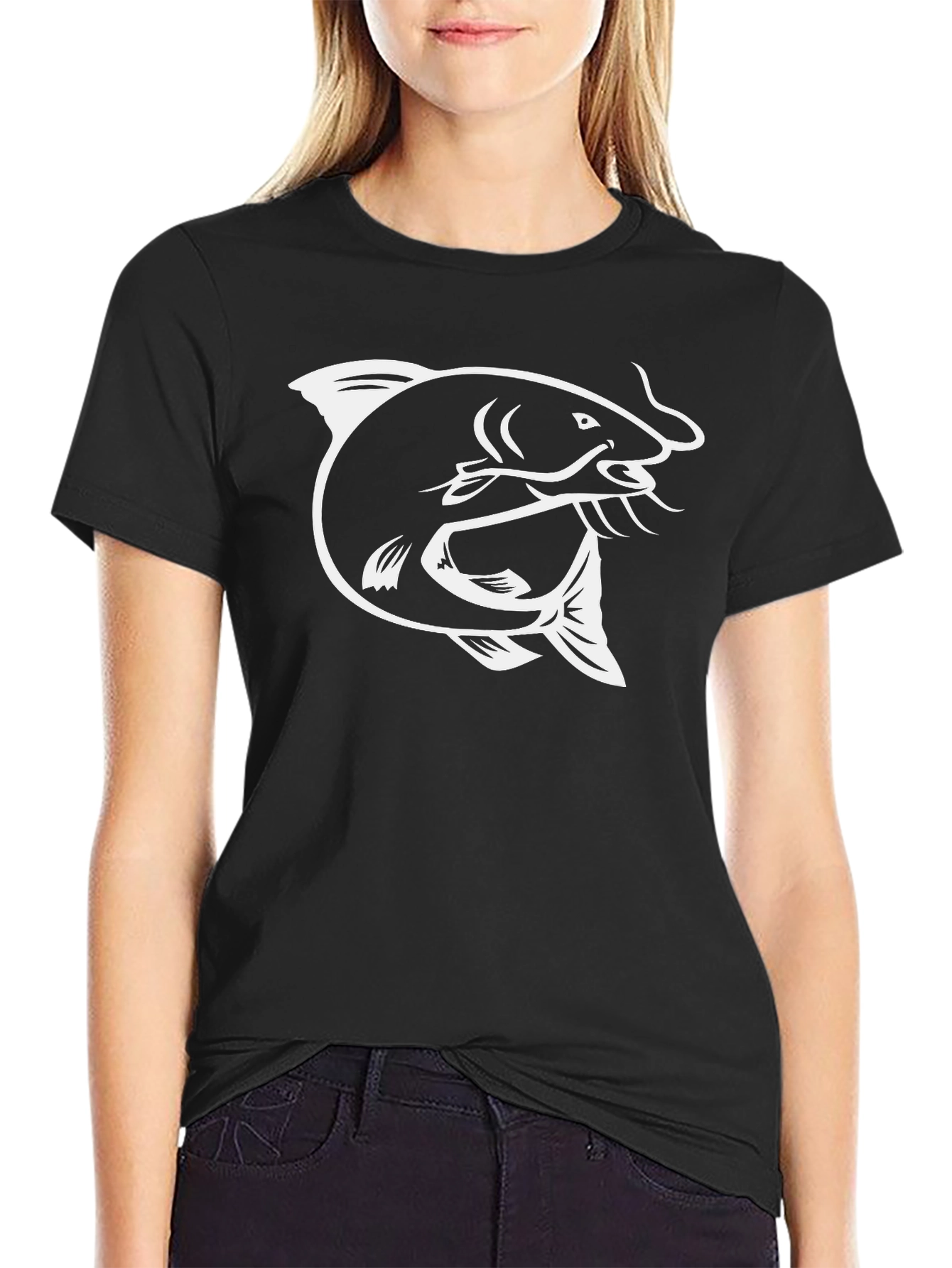 Mens Black T-Shirt with White Fish Graphic Print