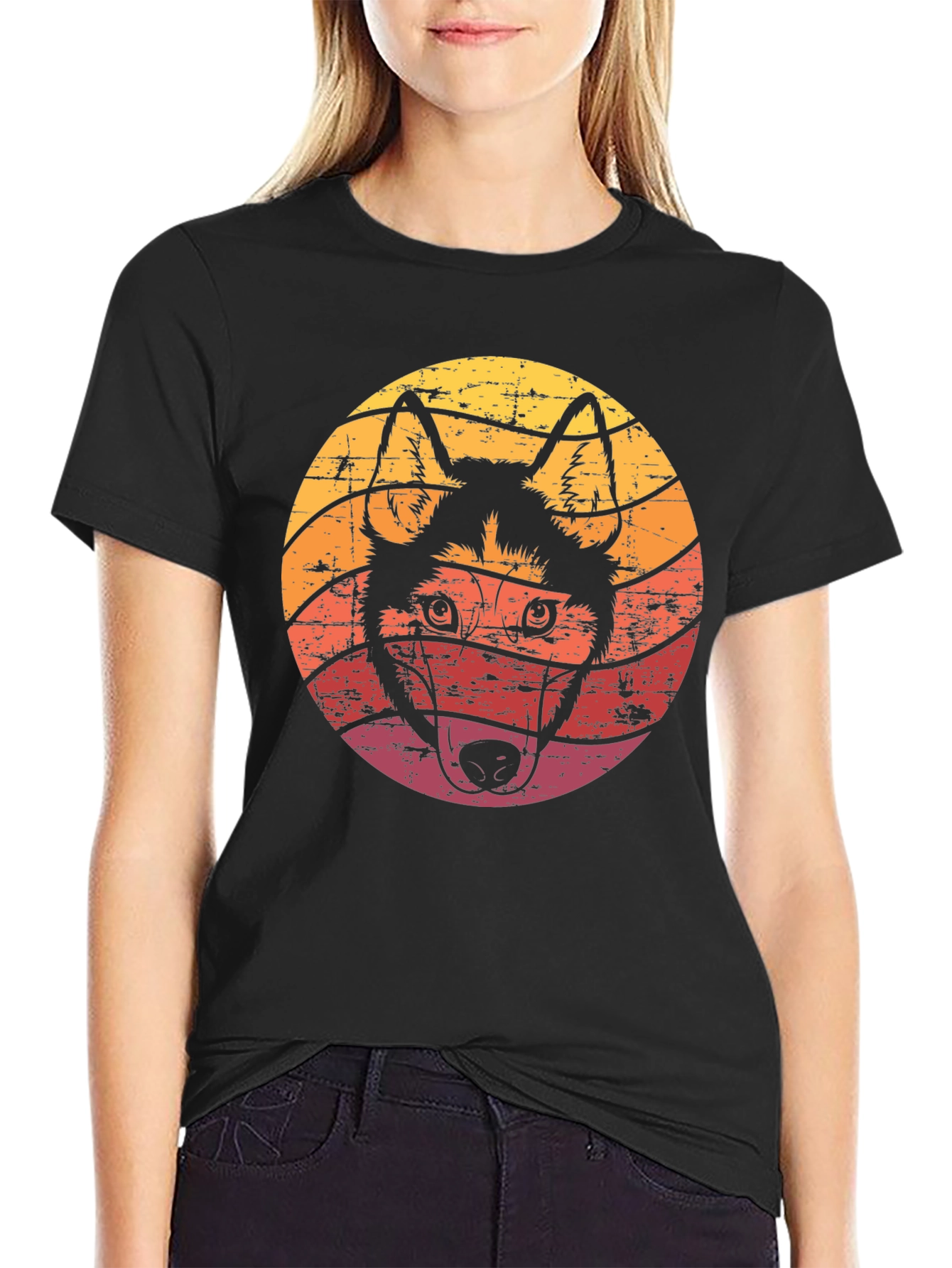 Retro Husky Dog Graphic Tee - Black Cotton T-Shirt