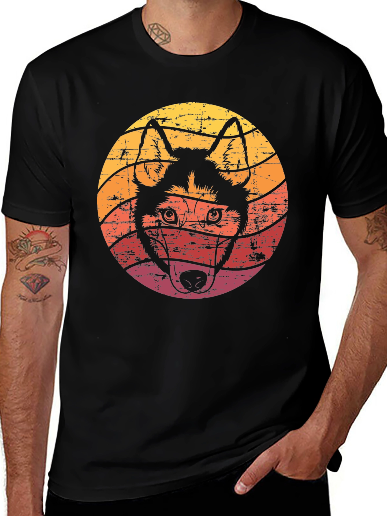Retro Husky Dog Graphic Tee - Black Cotton T-Shirt