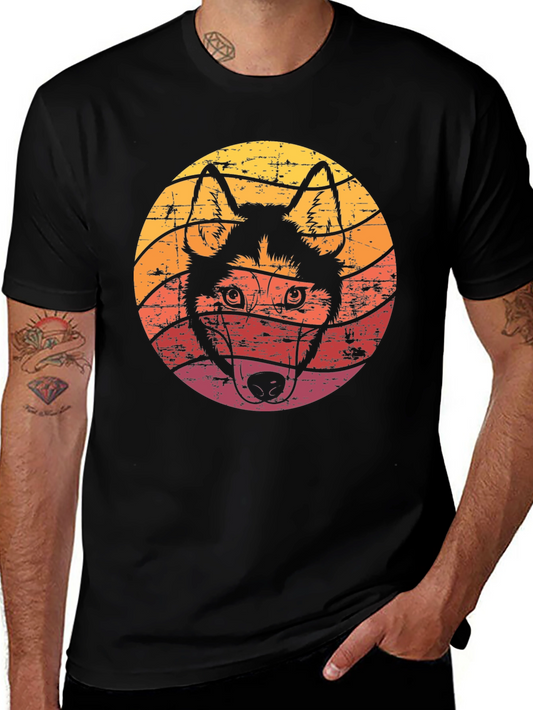 Retro Husky Dog Graphic Tee - Black Cotton T-Shirt