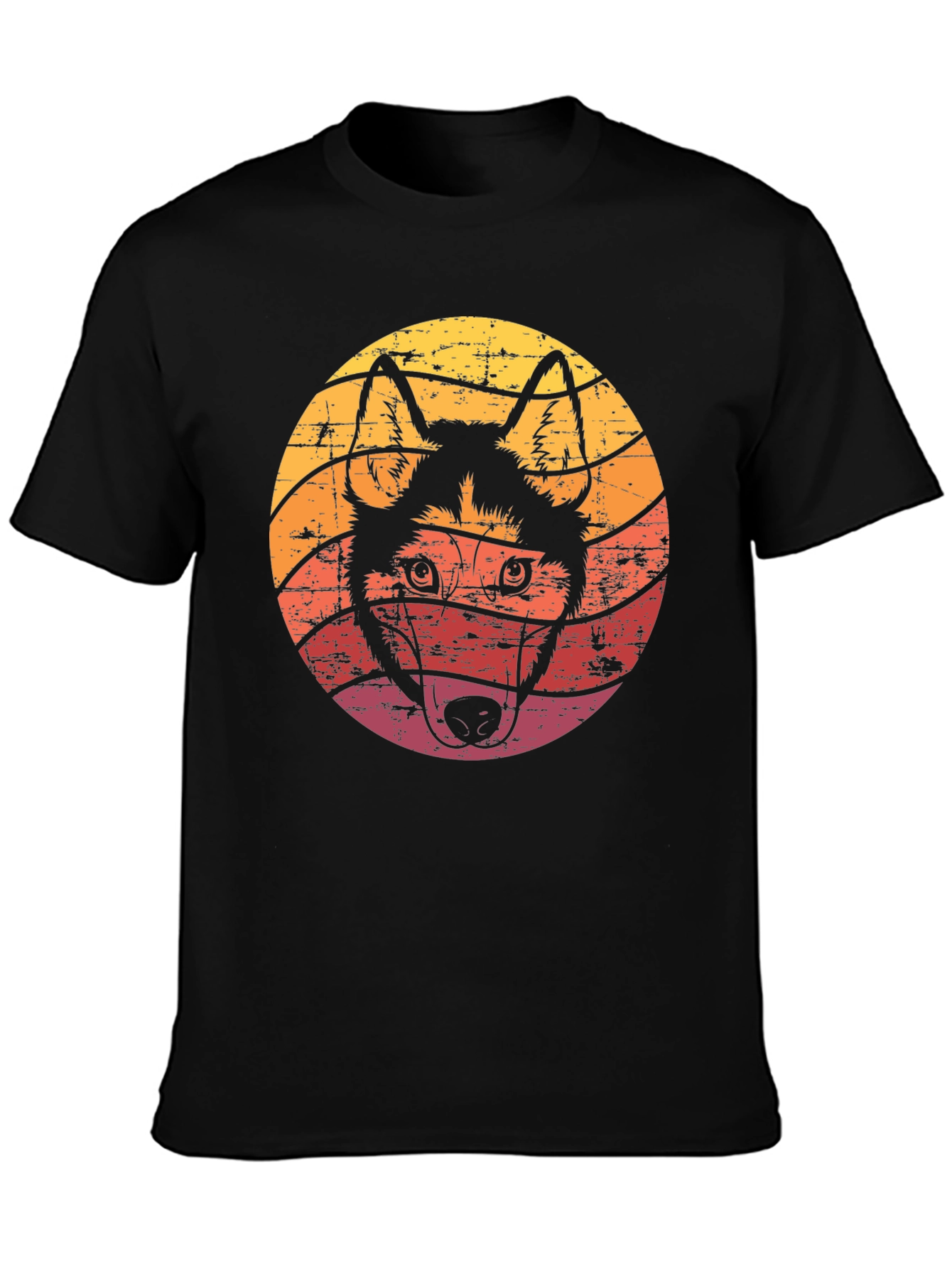 Retro Husky Dog Graphic Tee - Black Cotton T-Shirt