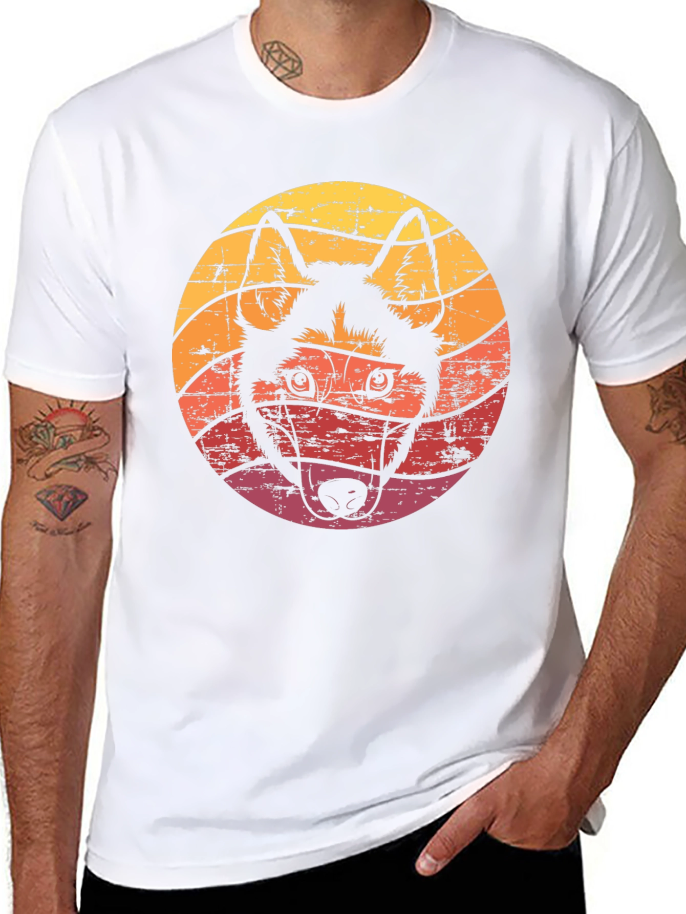 Retro Husky Dog Graphic Tee - Black Cotton T-Shirt