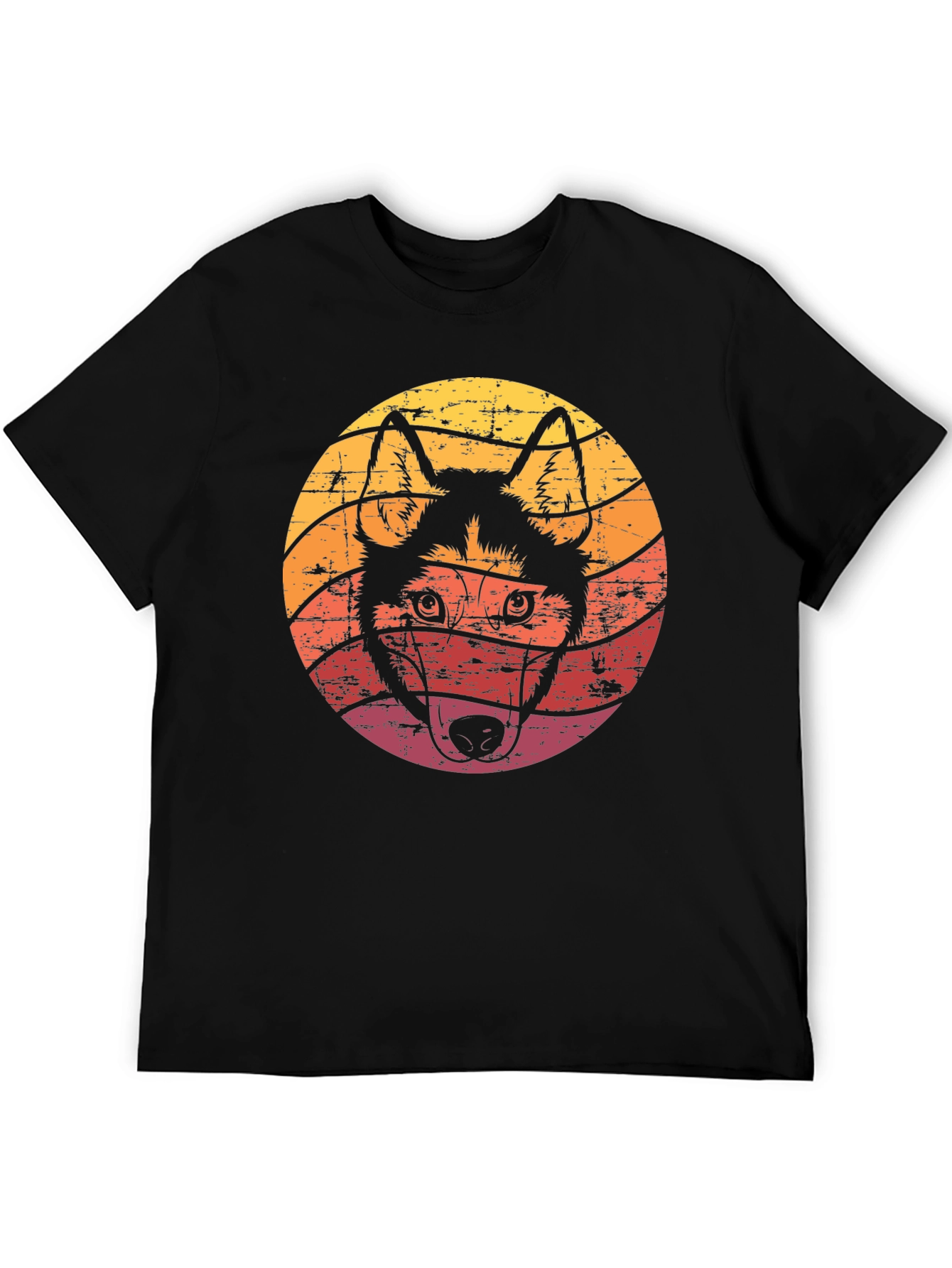 Retro Husky Dog Graphic Tee - Black Cotton T-Shirt