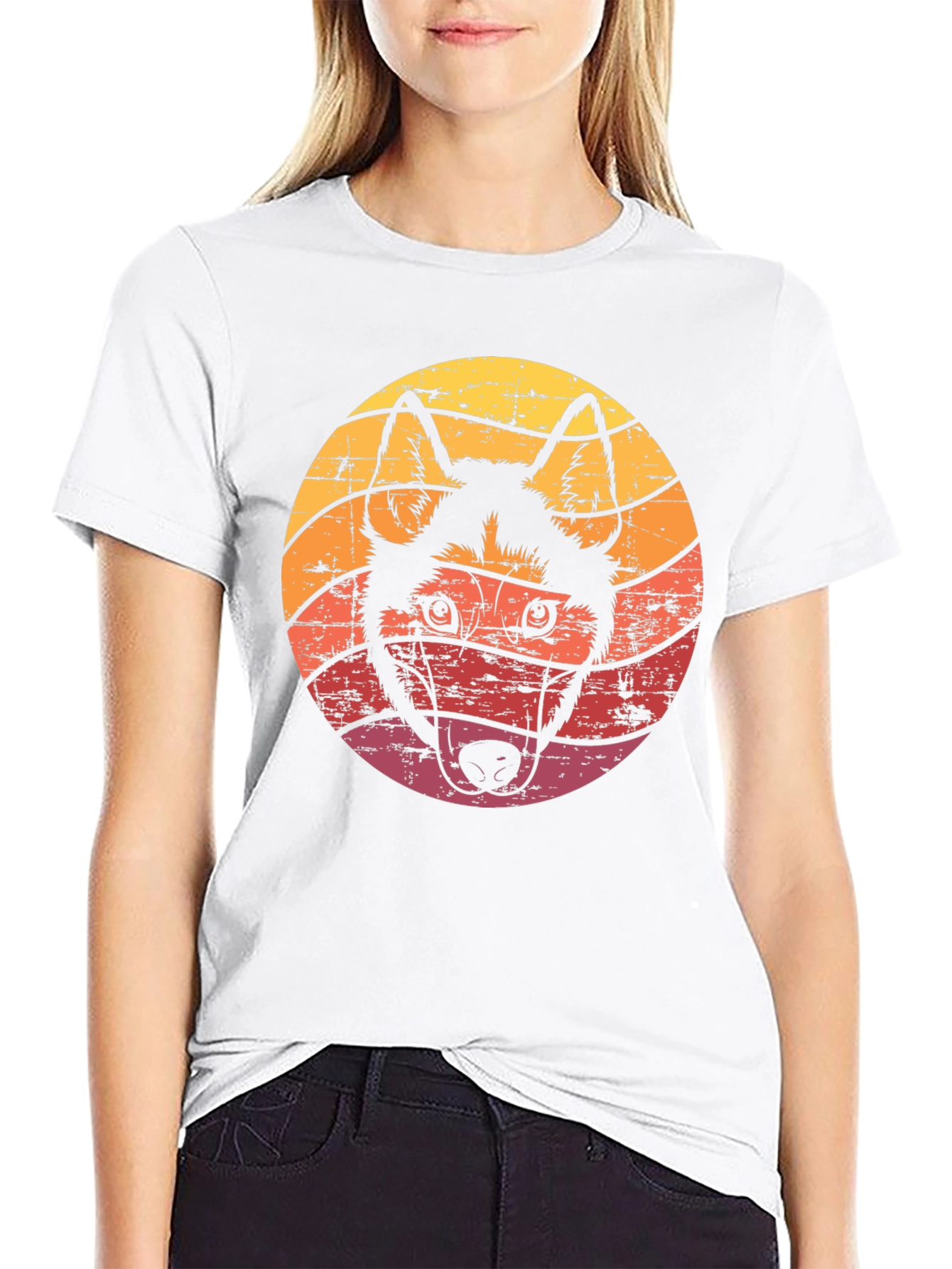 Retro Husky Dog Graphic Tee - Black Cotton T-Shirt