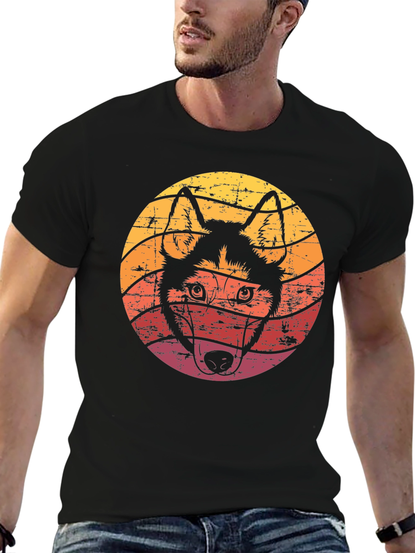 Retro Husky Dog Graphic Tee - Black Cotton T-Shirt