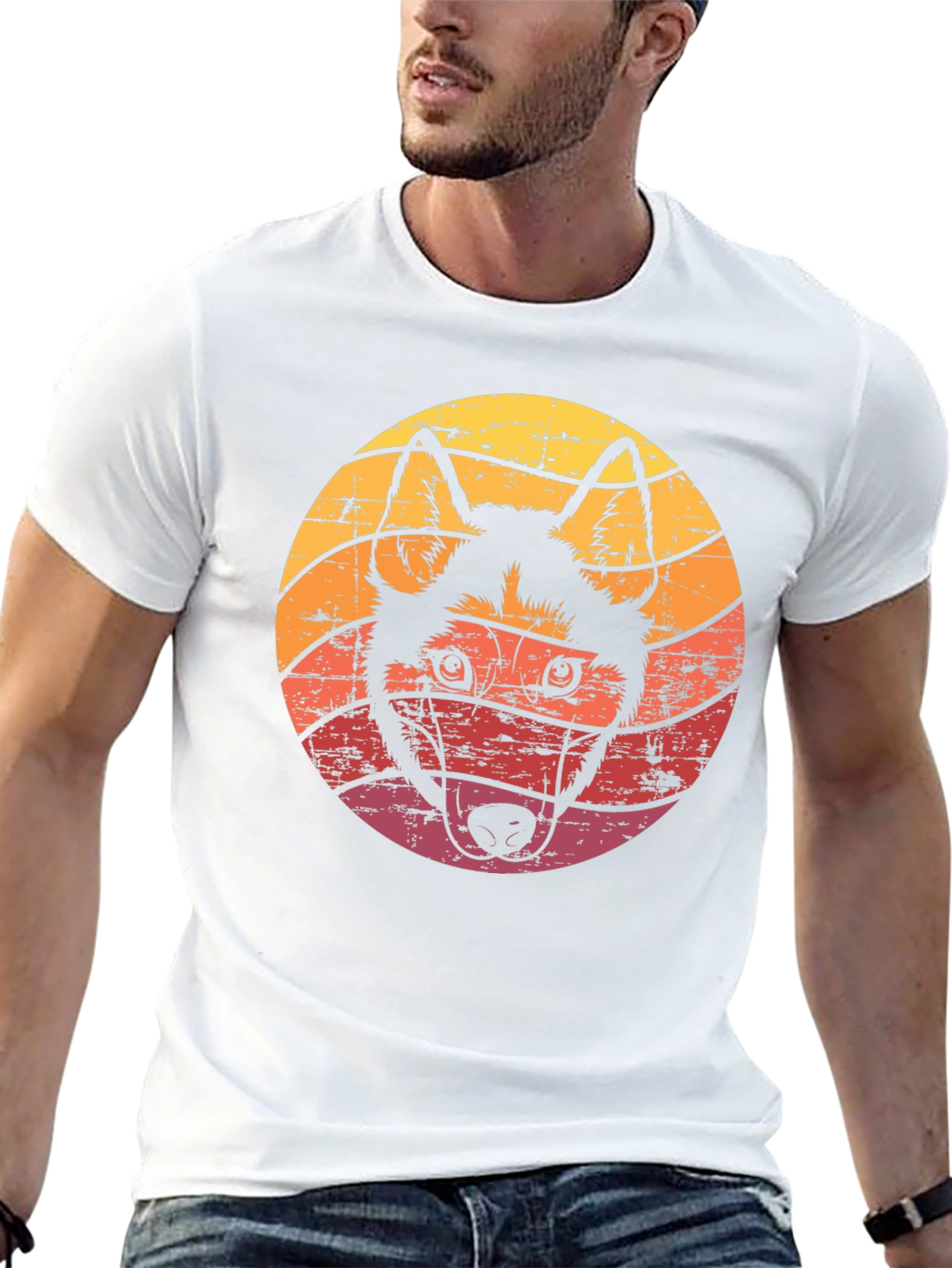 Retro Husky Dog Graphic Tee - Black Cotton T-Shirt