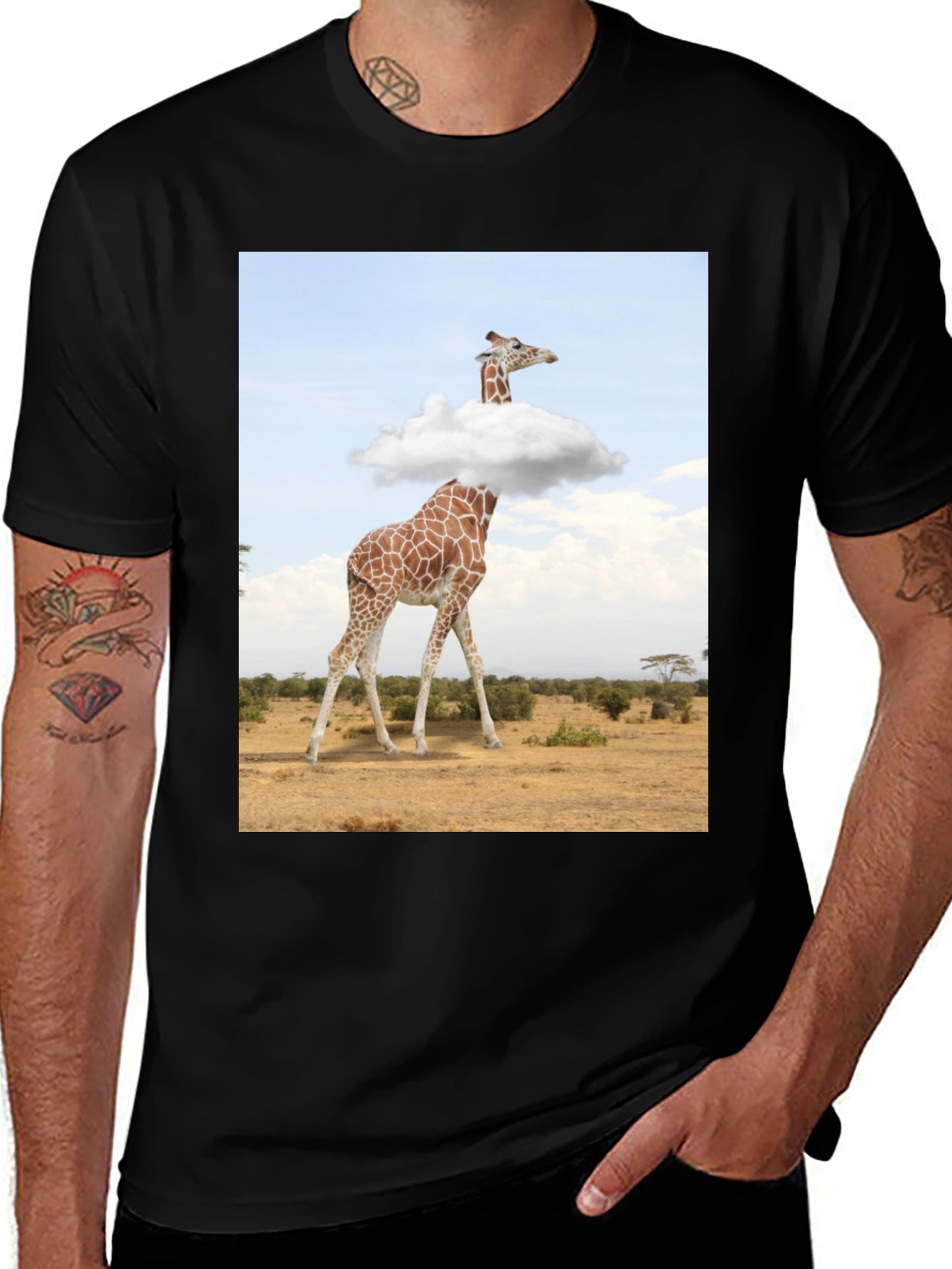 Giraffe in Clouds Graphic Tee - Mens Black T-Shirt