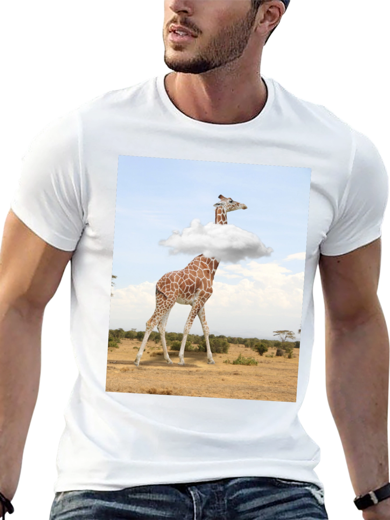 Giraffe in Clouds Graphic Tee - Mens Black T-Shirt