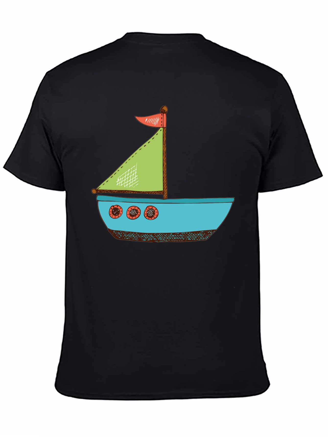 Nautical Cartoon Boat T-Shirt - Black Cotton Tee
