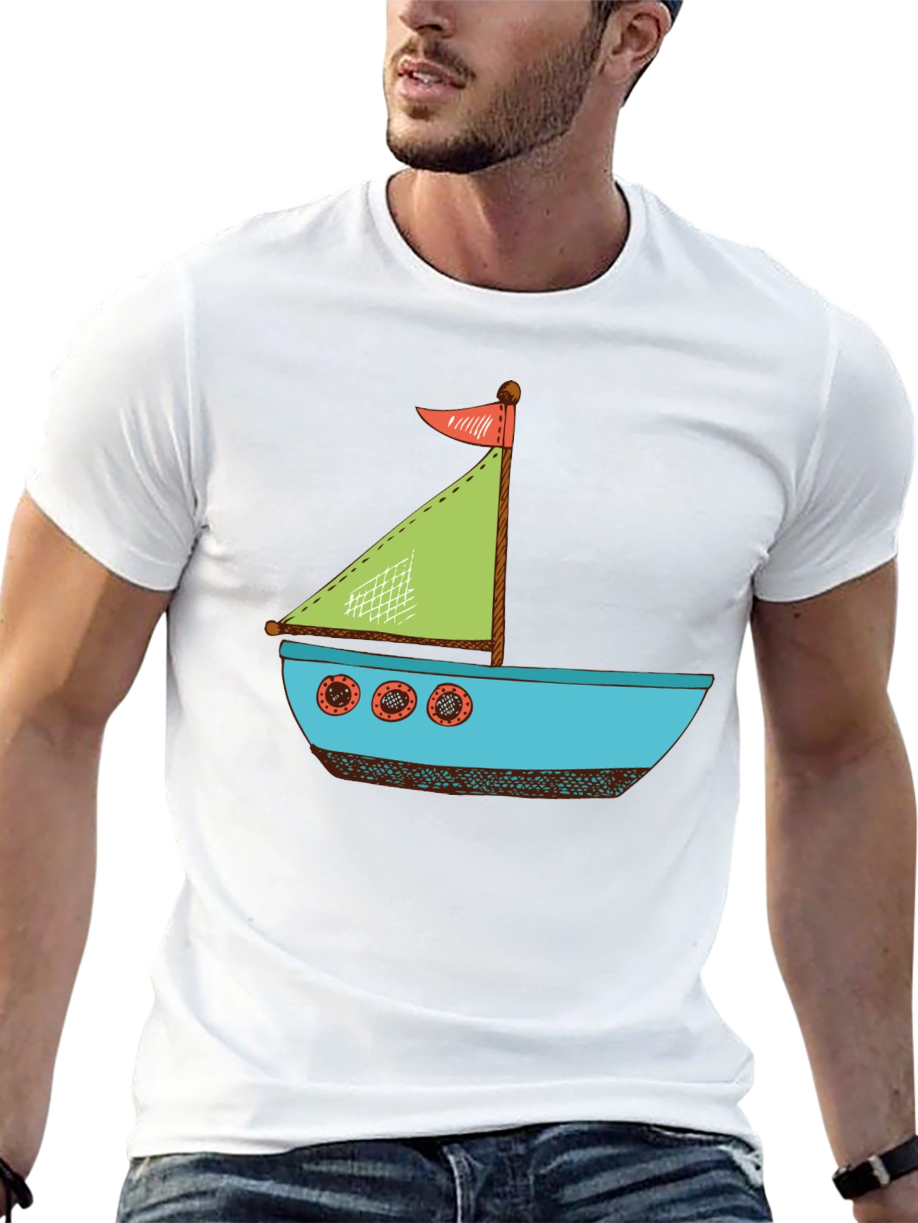Nautical Cartoon Boat T-Shirt - Black Cotton Tee