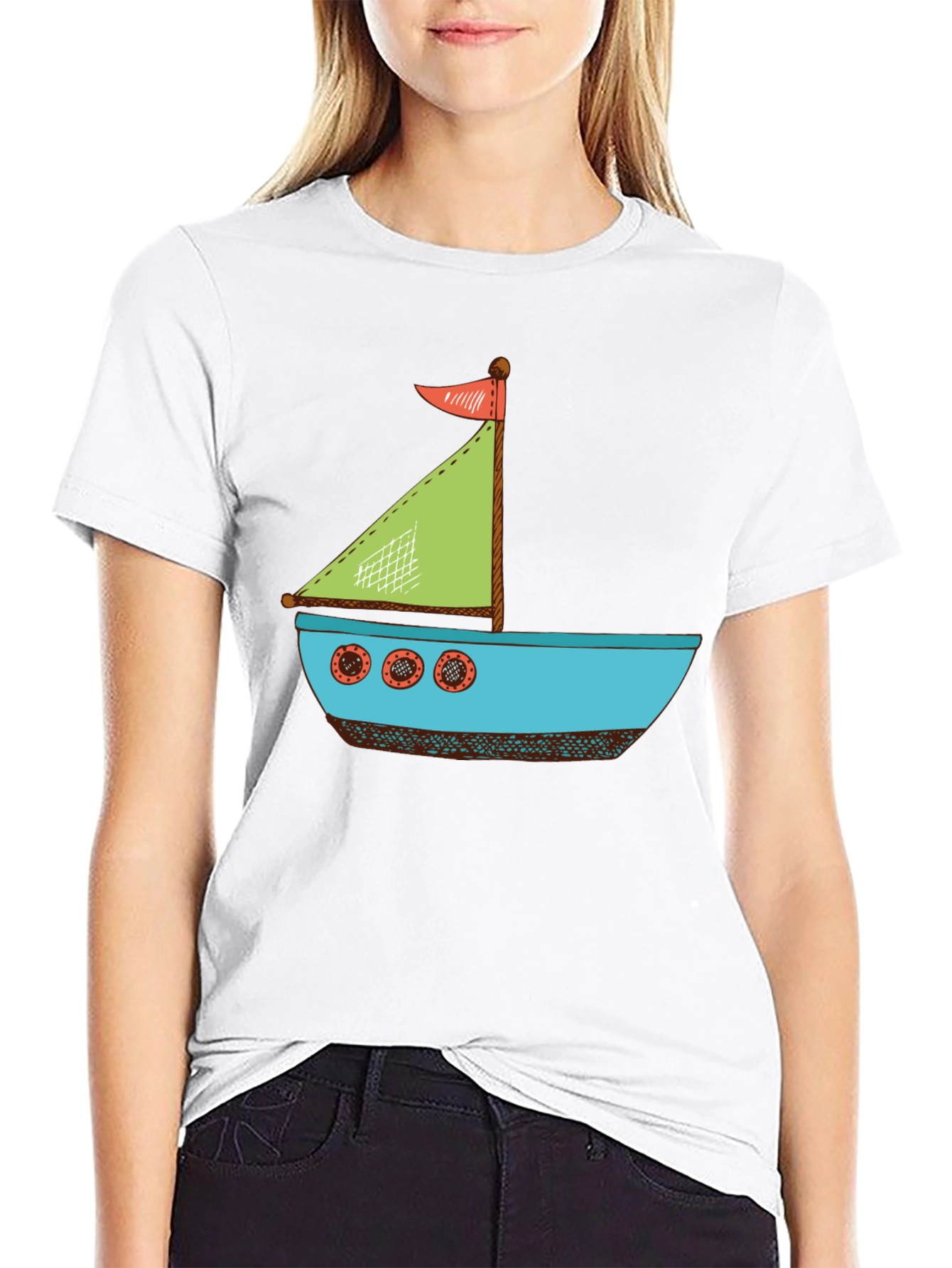 Nautical Cartoon Boat T-Shirt - Black Cotton Tee