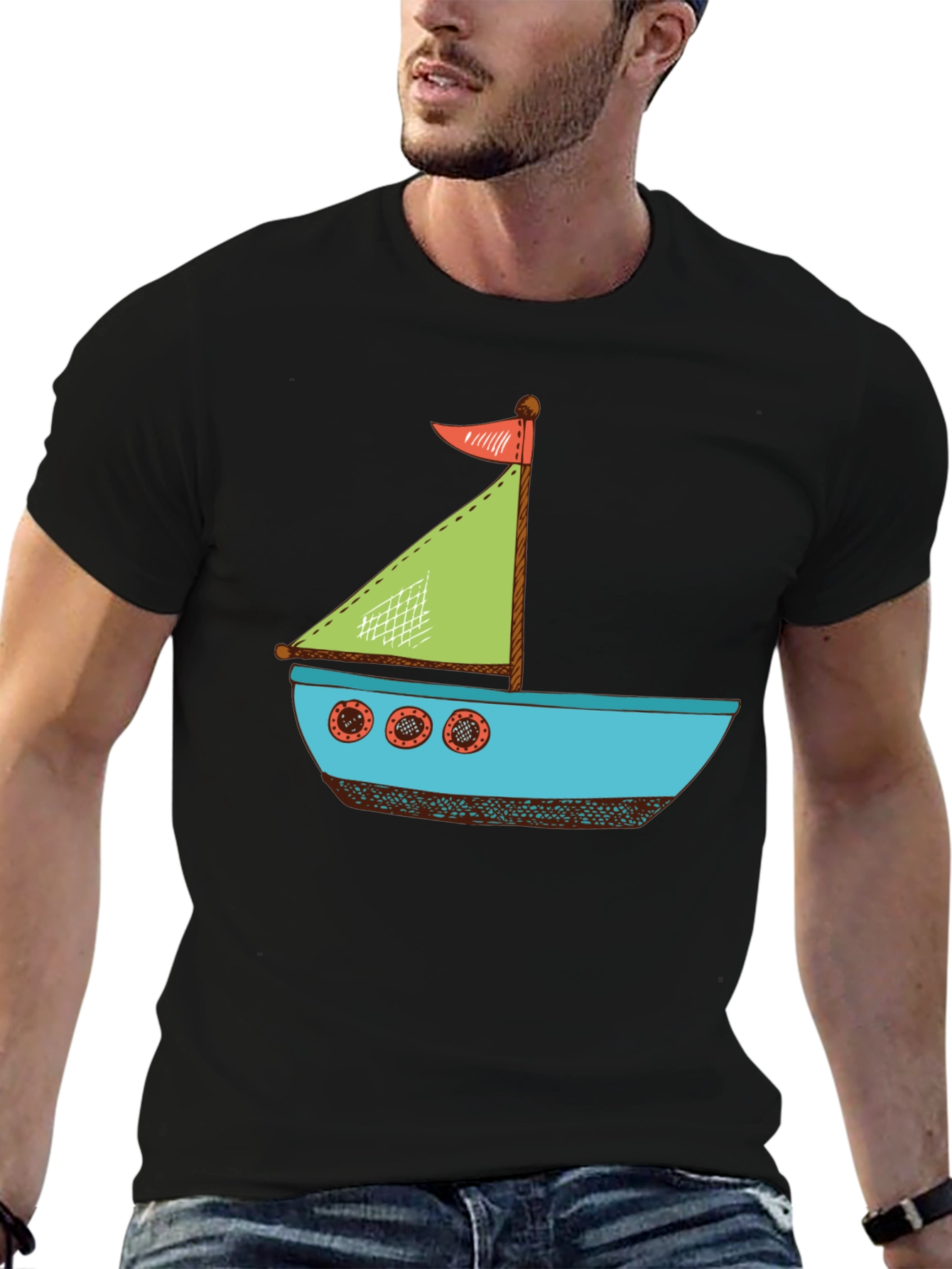 Nautical Cartoon Boat T-Shirt - Black Cotton Tee