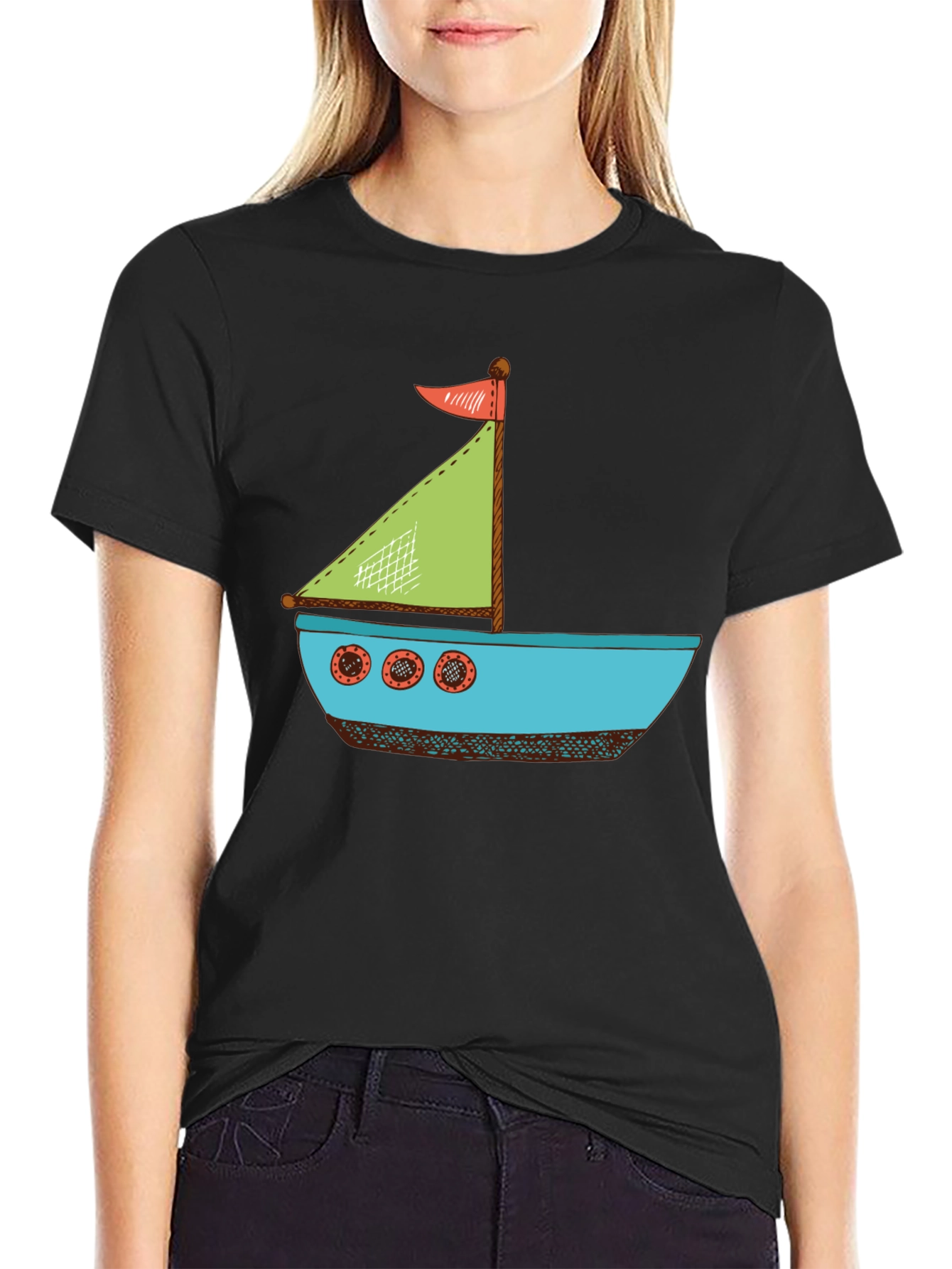 Nautical Cartoon Boat T-Shirt - Black Cotton Tee