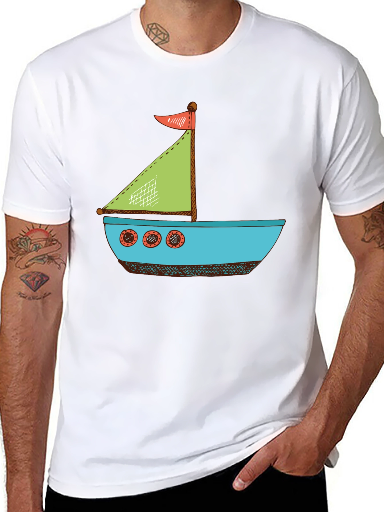 Nautical Cartoon Boat T-Shirt - Black Cotton Tee