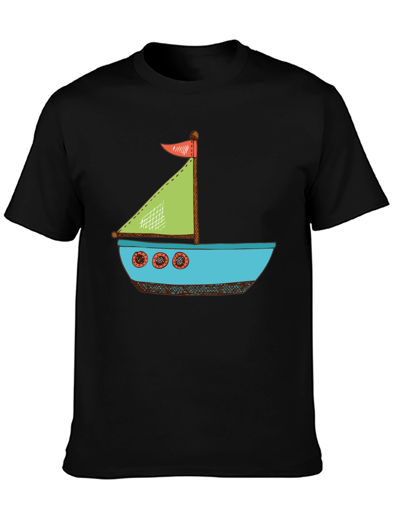 Nautical Cartoon Boat T-Shirt - Black Cotton Tee