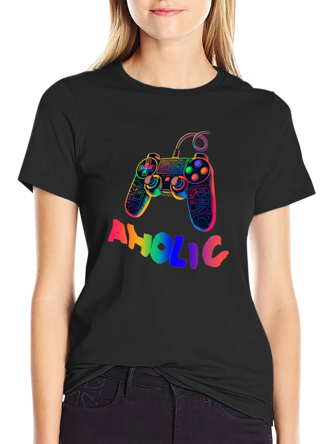 Gamer-Aholic Rainbow Graphic Tee - Black