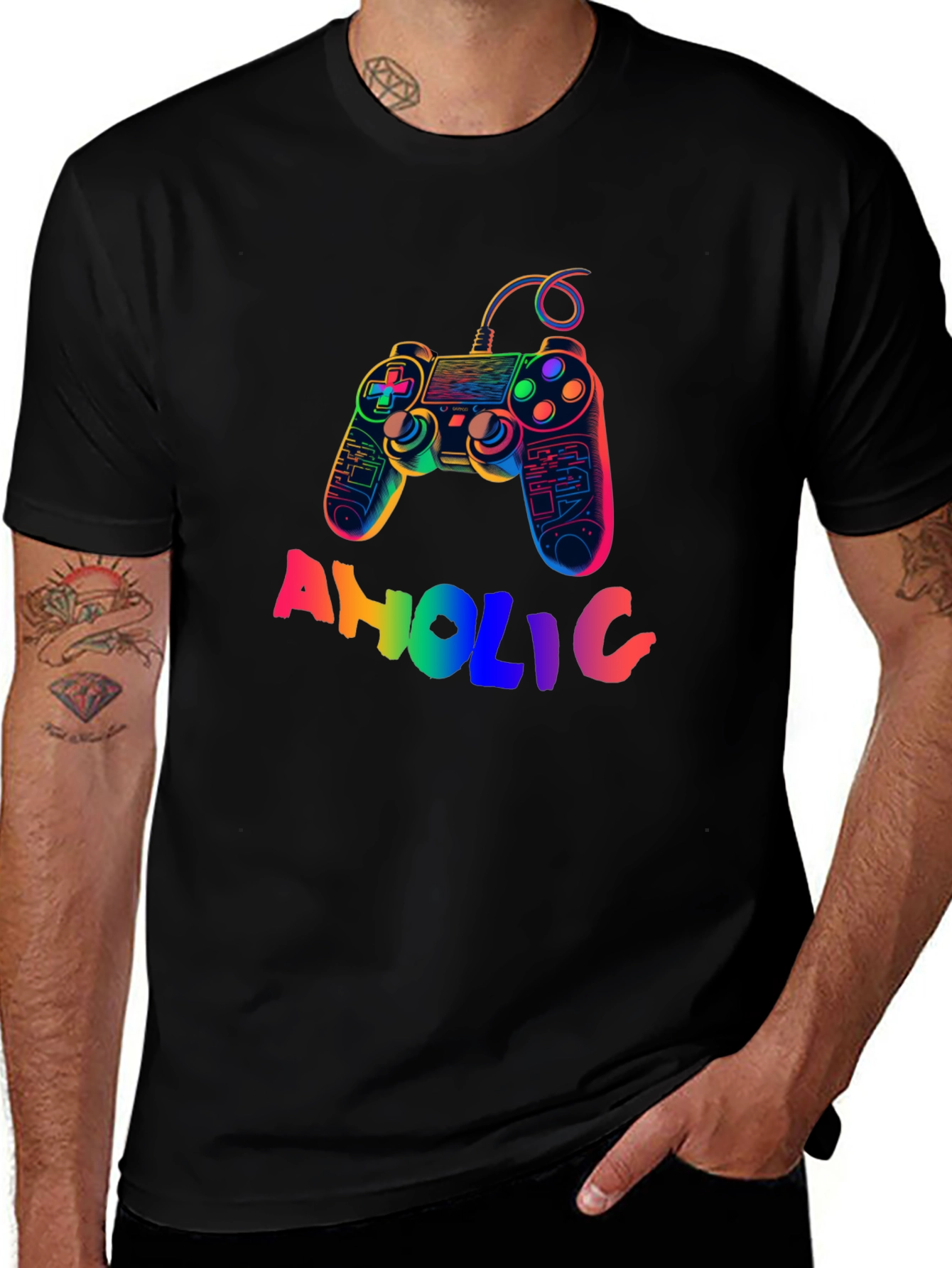 Gamer-Aholic Rainbow Graphic Tee - Black