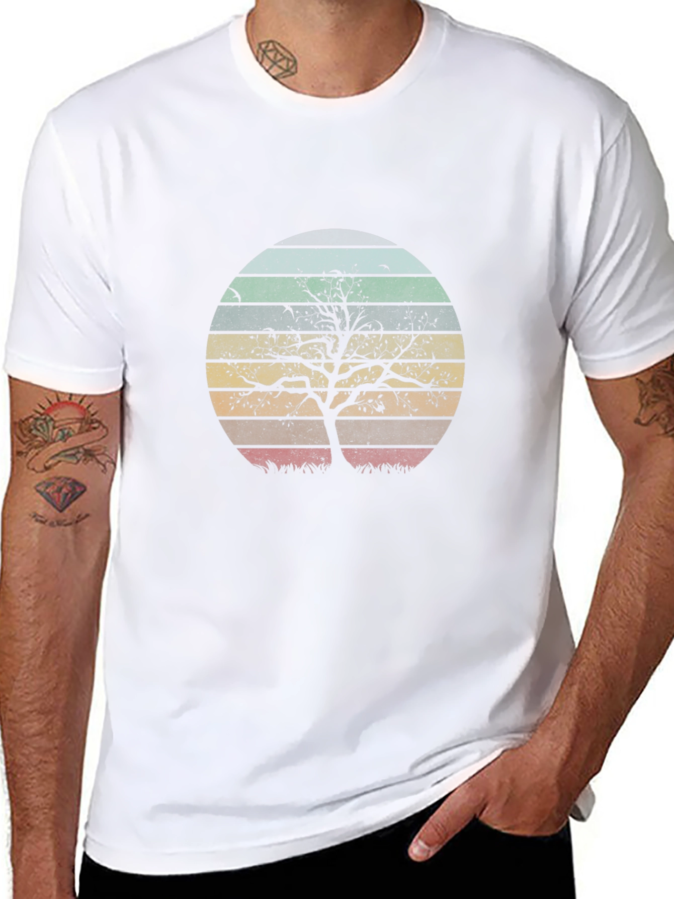 Retro Sunset Tree Graphic Tee - Black Cotton Blend