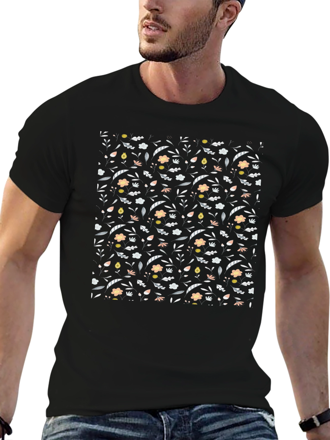 Floral Pattern Black T-Shirt for Men
