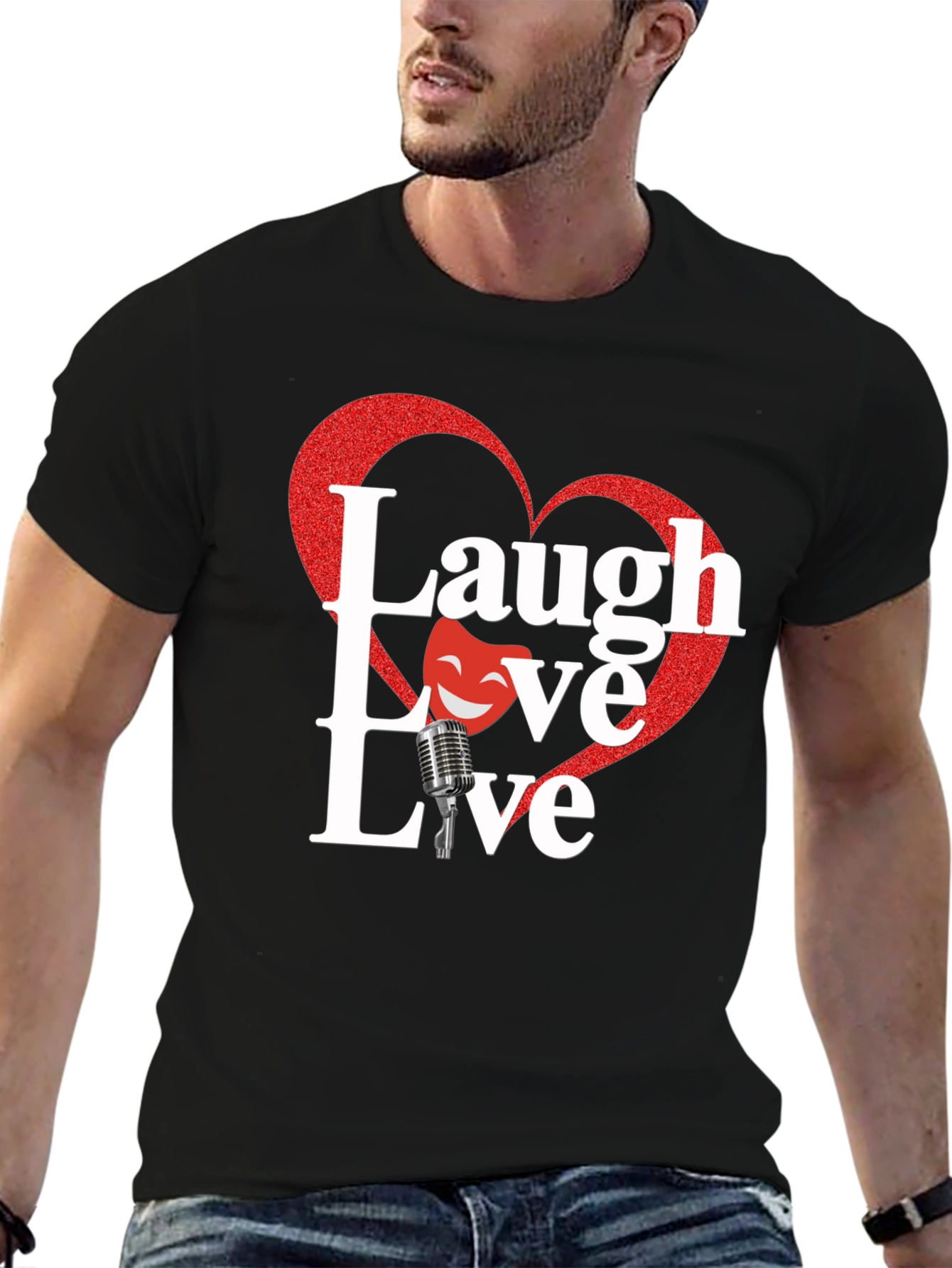 Laugh Love Live Black T-Shirt with Heart Design