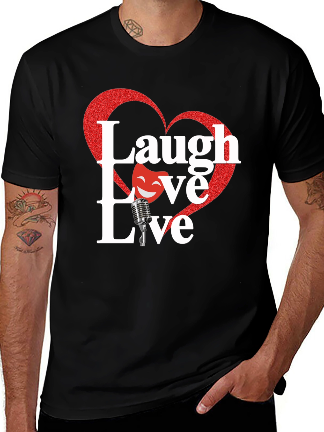 Laugh Love Live Black T-Shirt with Heart Design