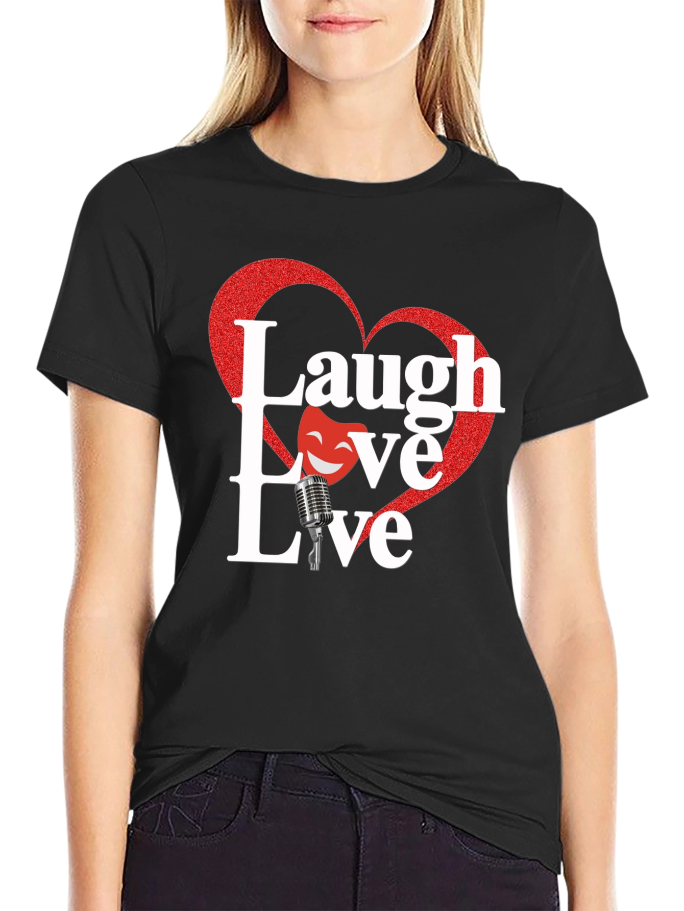Laugh Love Live Black T-Shirt with Heart Design