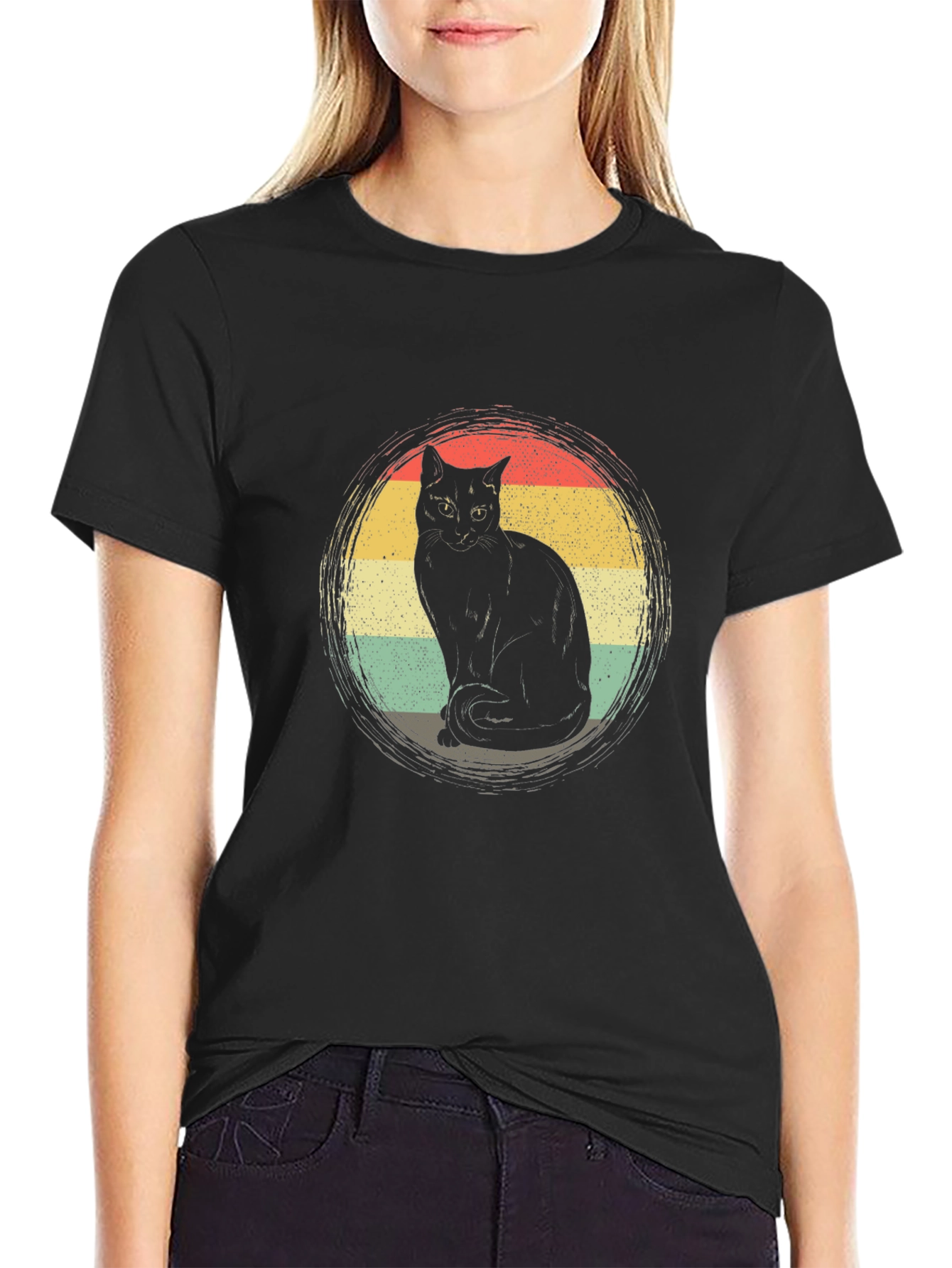 Retro Cat Graphic T-Shirt - Black