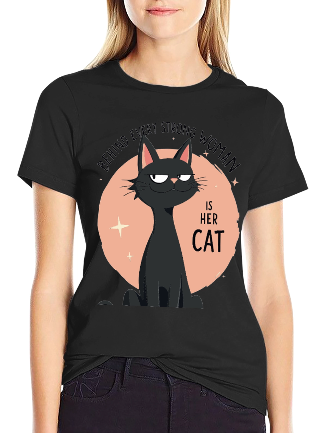 Strong Woman Cat T-Shirt - Black Graphic Tee