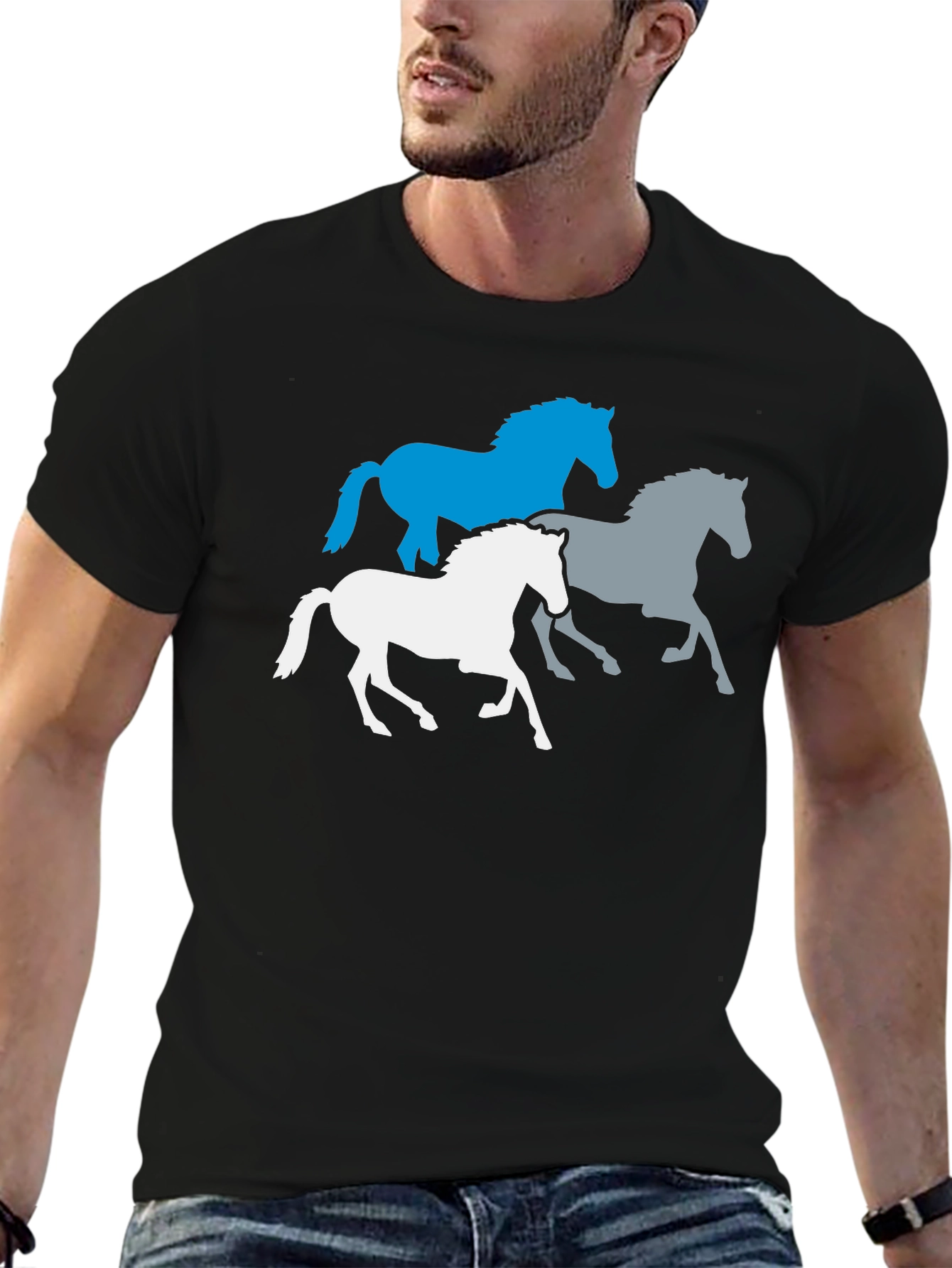 Mens Black T-Shirt with Horse Silhouettes