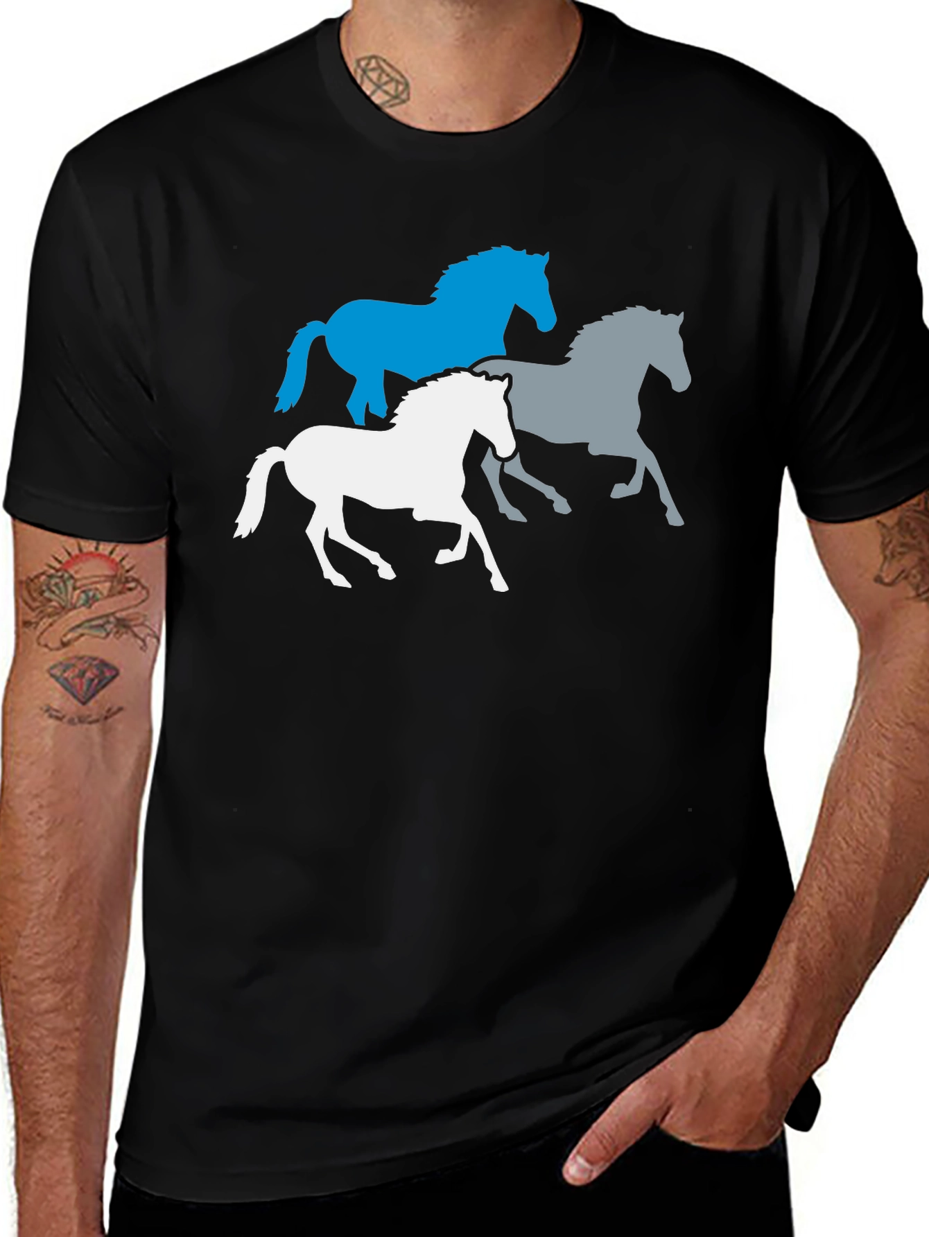 Mens Black T-Shirt with Horse Silhouettes