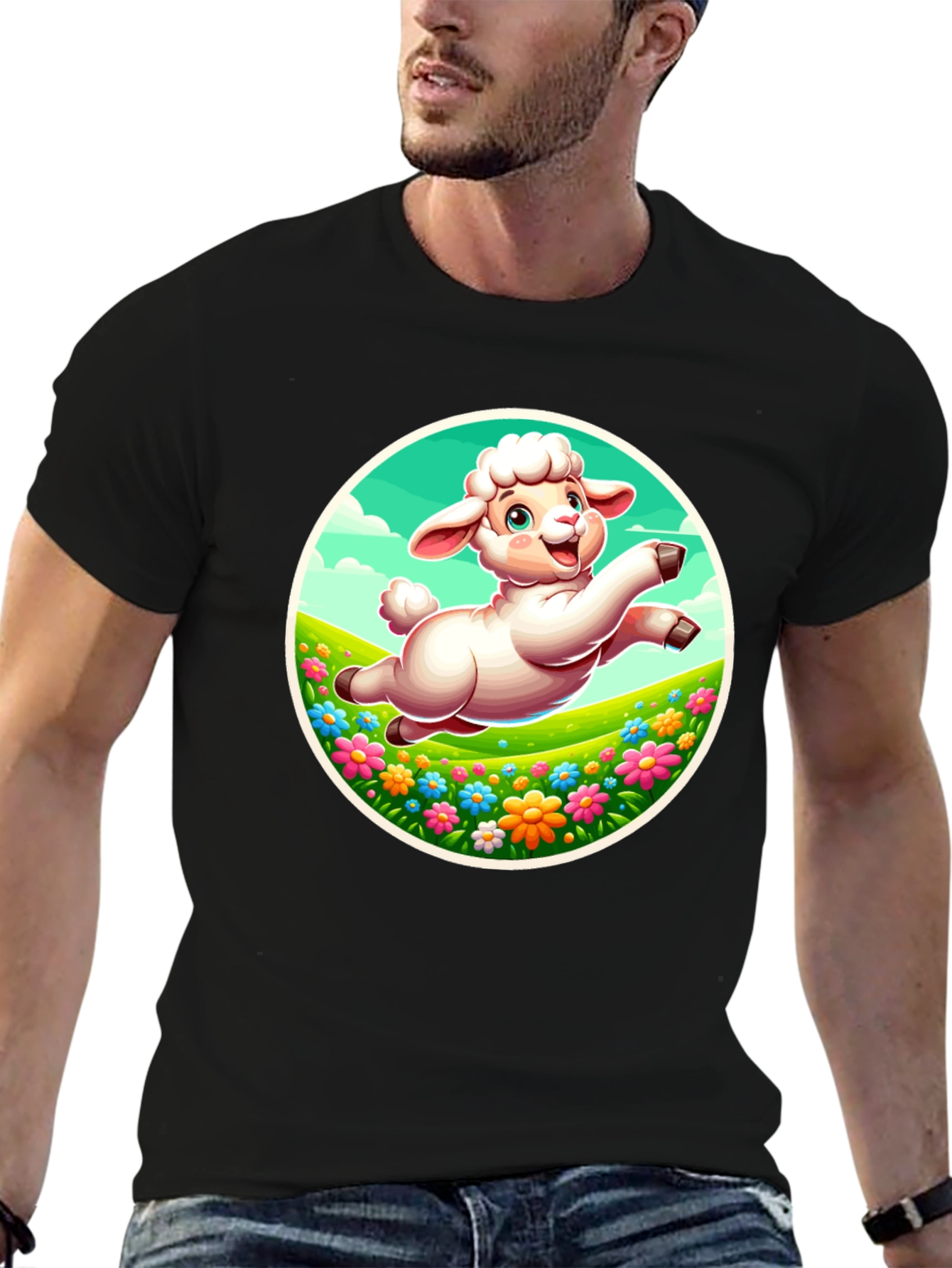 Cute Lamb Graphic Tee - Black Cotton Comfort