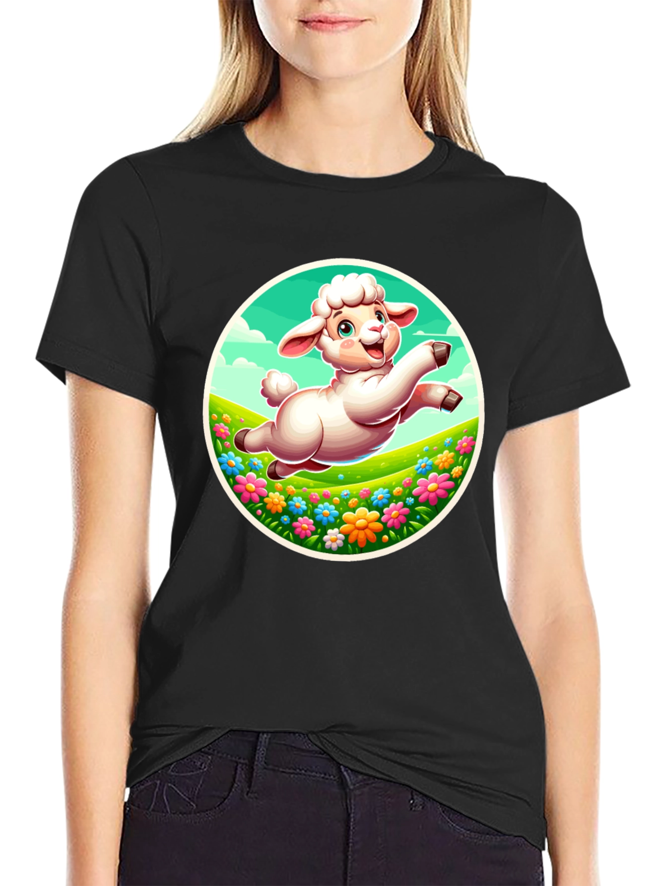Cute Lamb Graphic Tee - Black Cotton Comfort