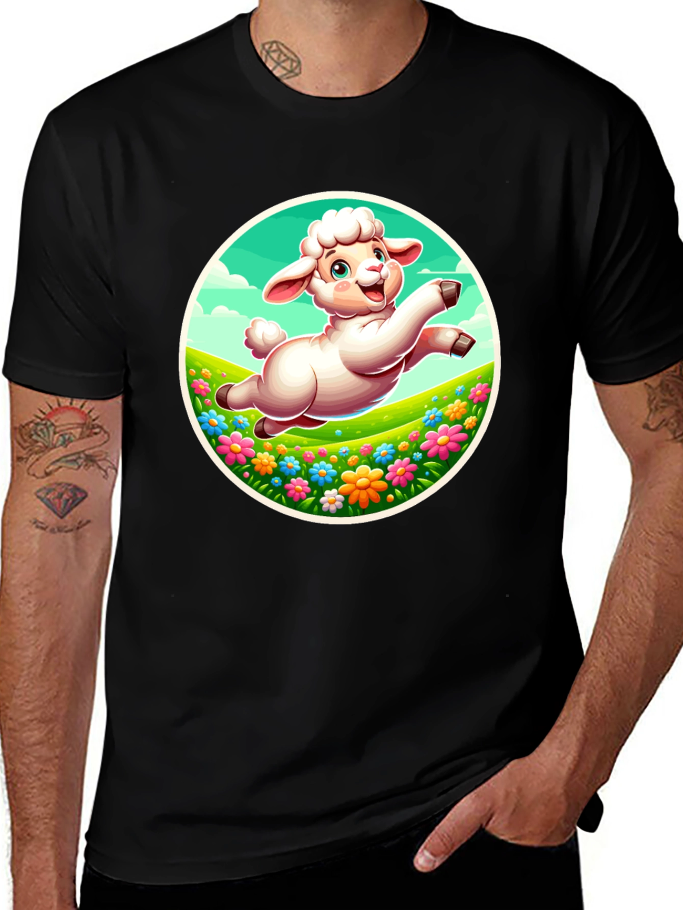 Cute Lamb Graphic Tee - Black Cotton Comfort