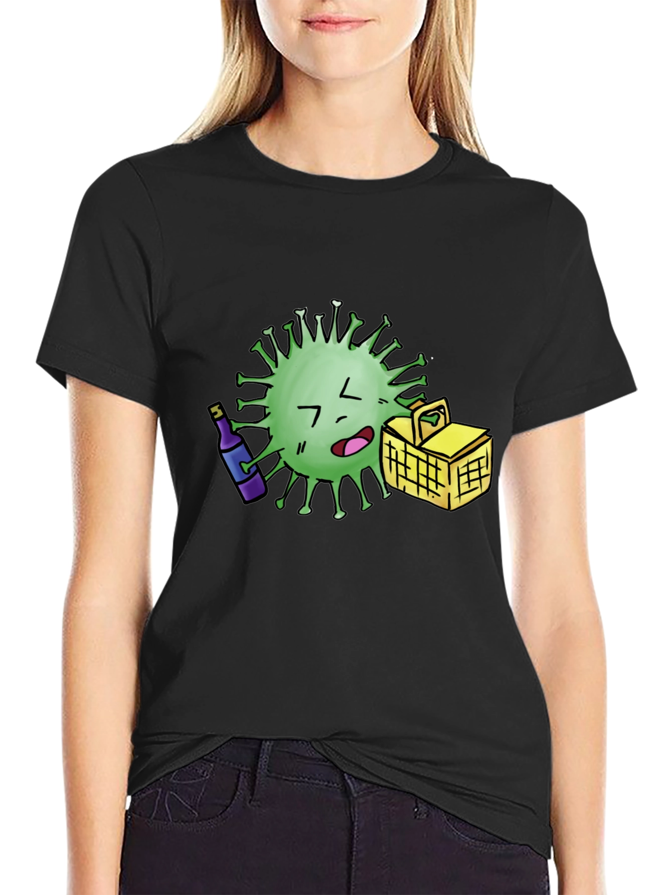 Novelty Cartoon Virus Picnic T-Shirt - Black