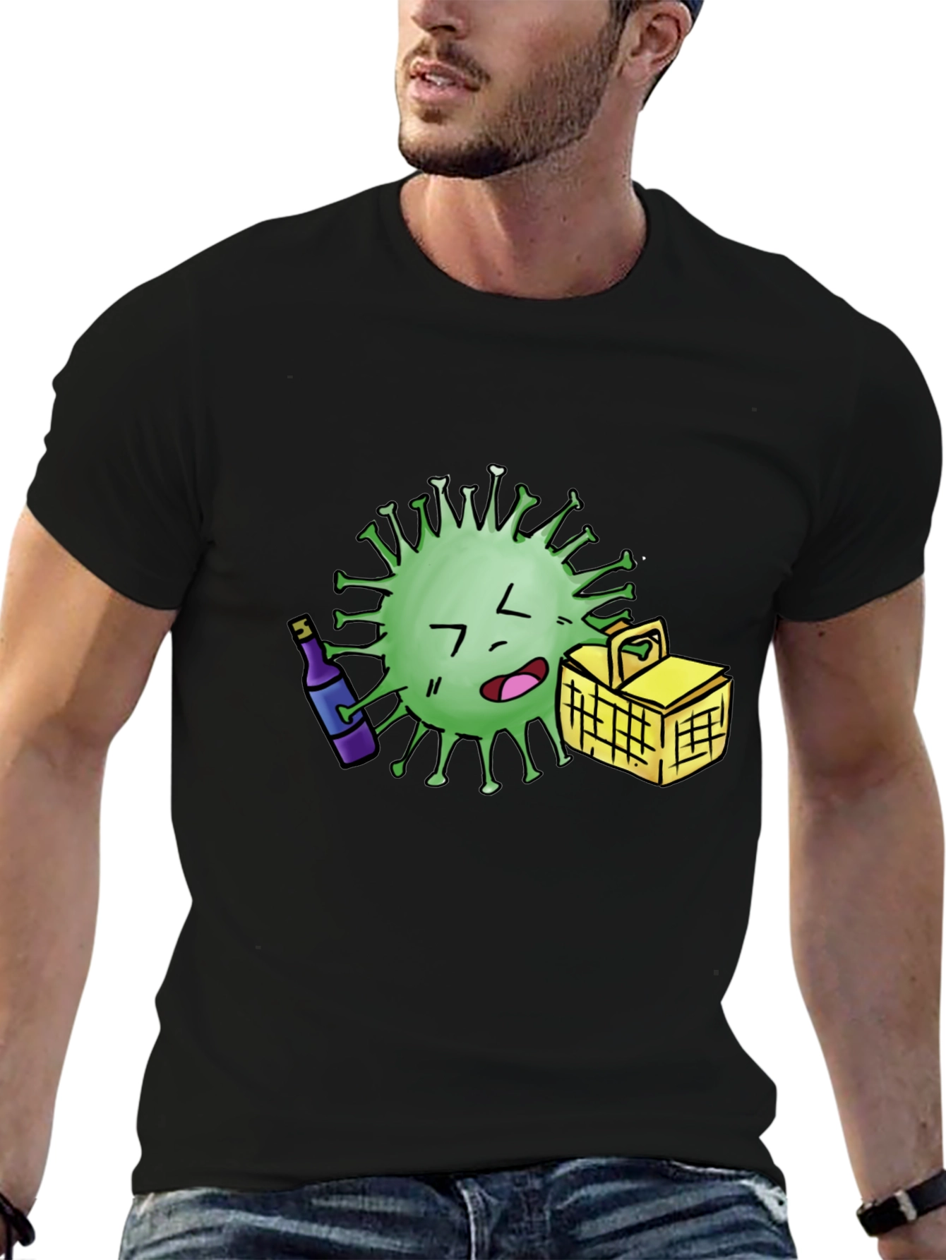Novelty Cartoon Virus Picnic T-Shirt - Black