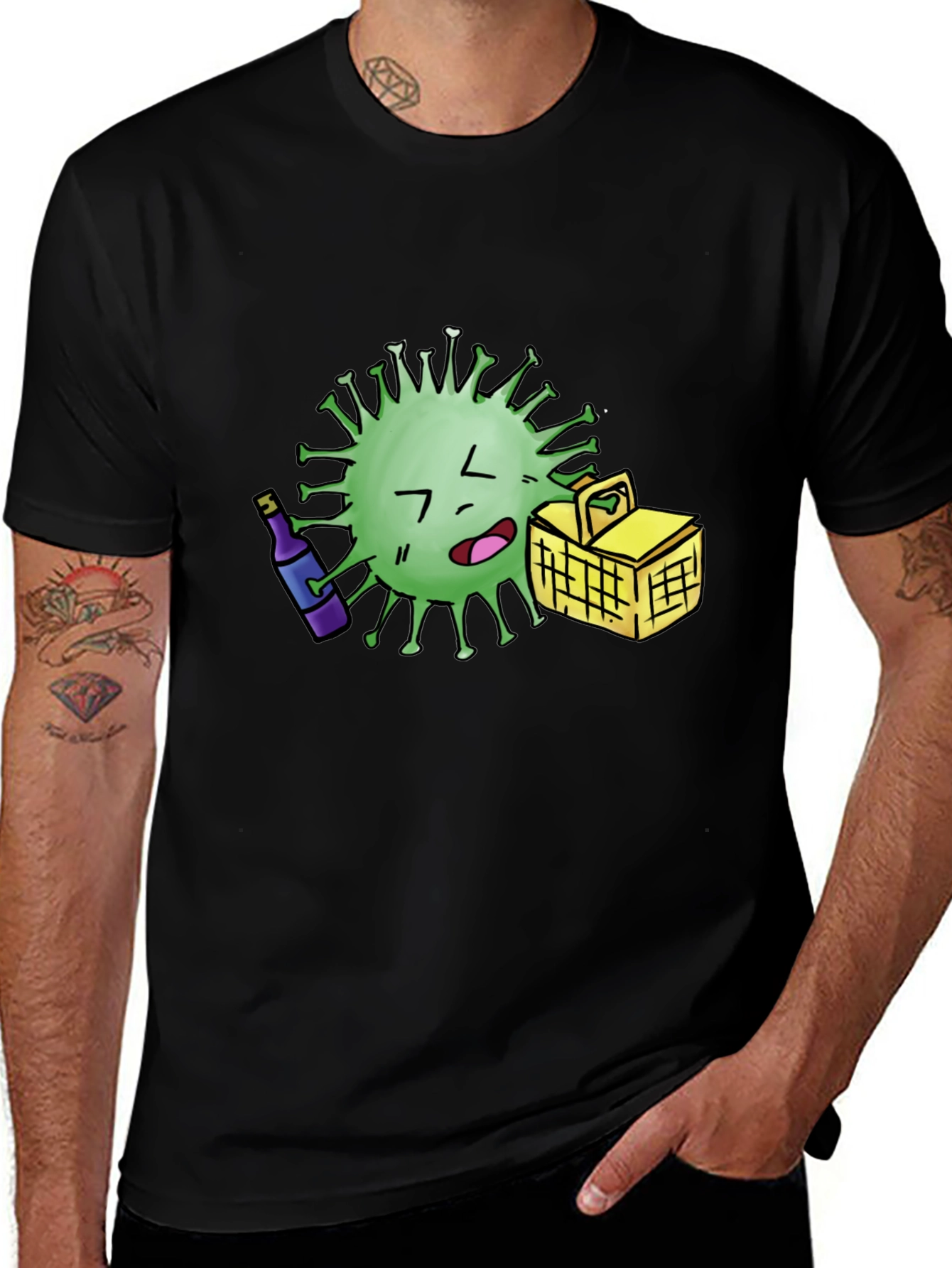 Novelty Cartoon Virus Picnic T-Shirt - Black