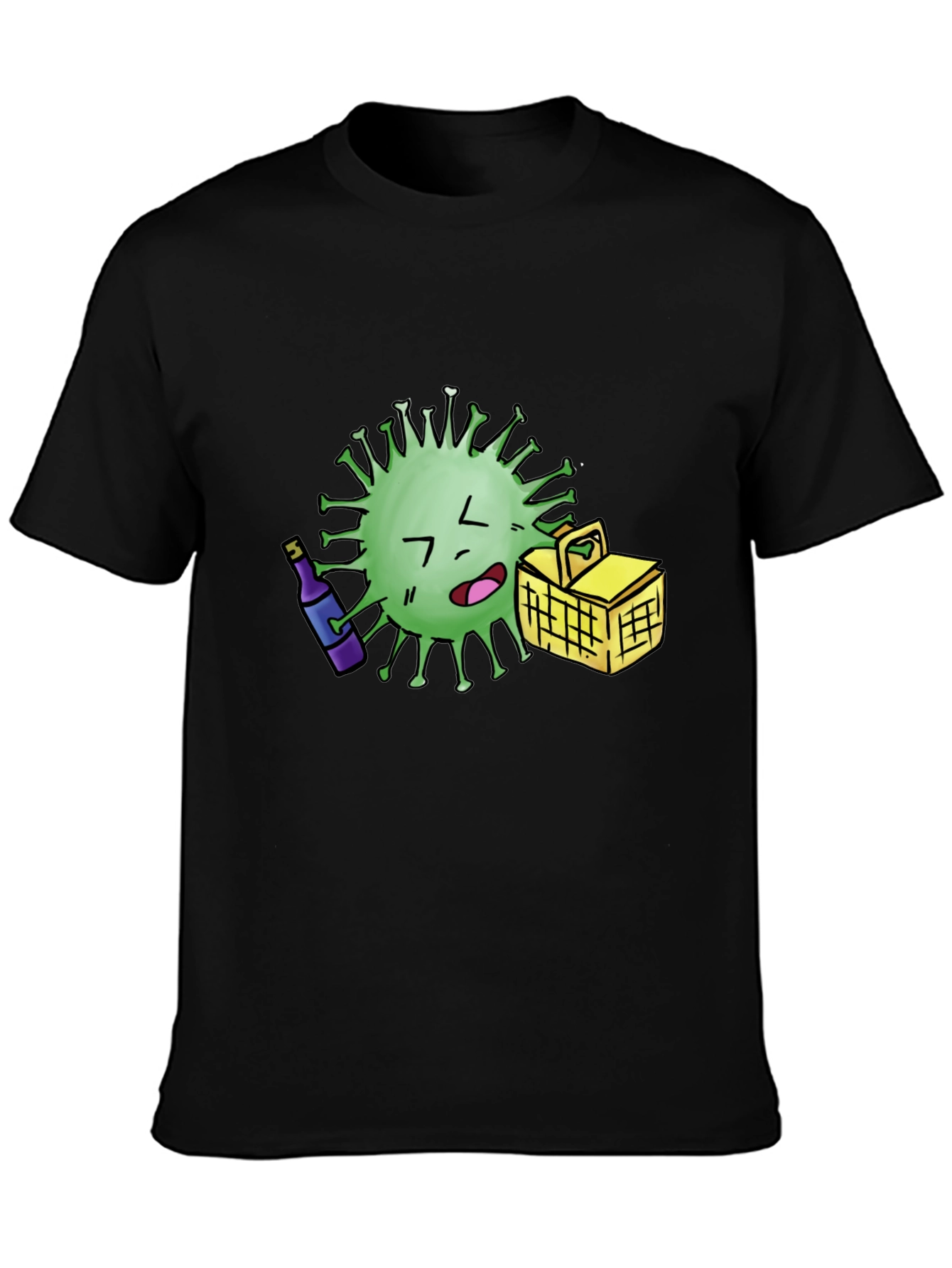 Novelty Cartoon Virus Picnic T-Shirt - Black
