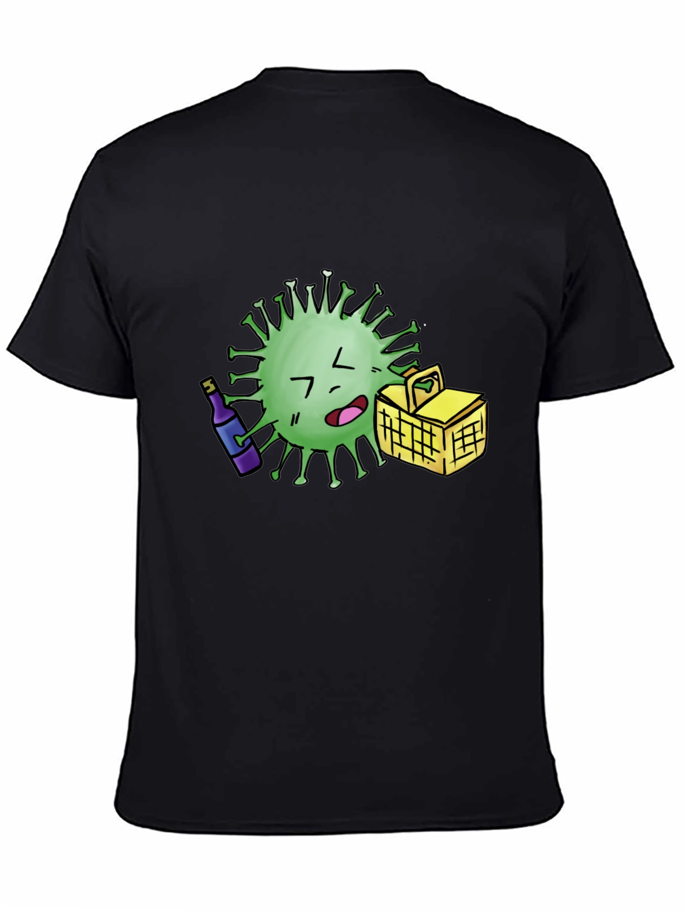 Novelty Cartoon Virus Picnic T-Shirt - Black